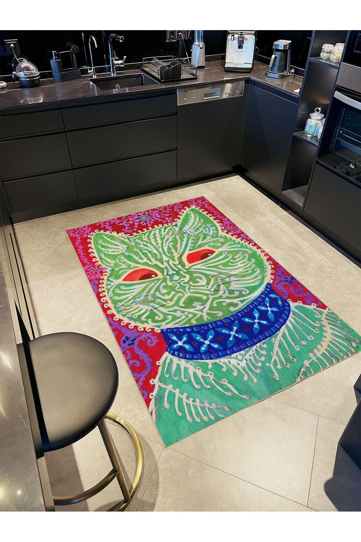 Emre Koleksiyonu Yeşil Temalı Etnik Motif Detaylı Kedi Desenli Dokuma Taban Modern Dekoratif Halı 39