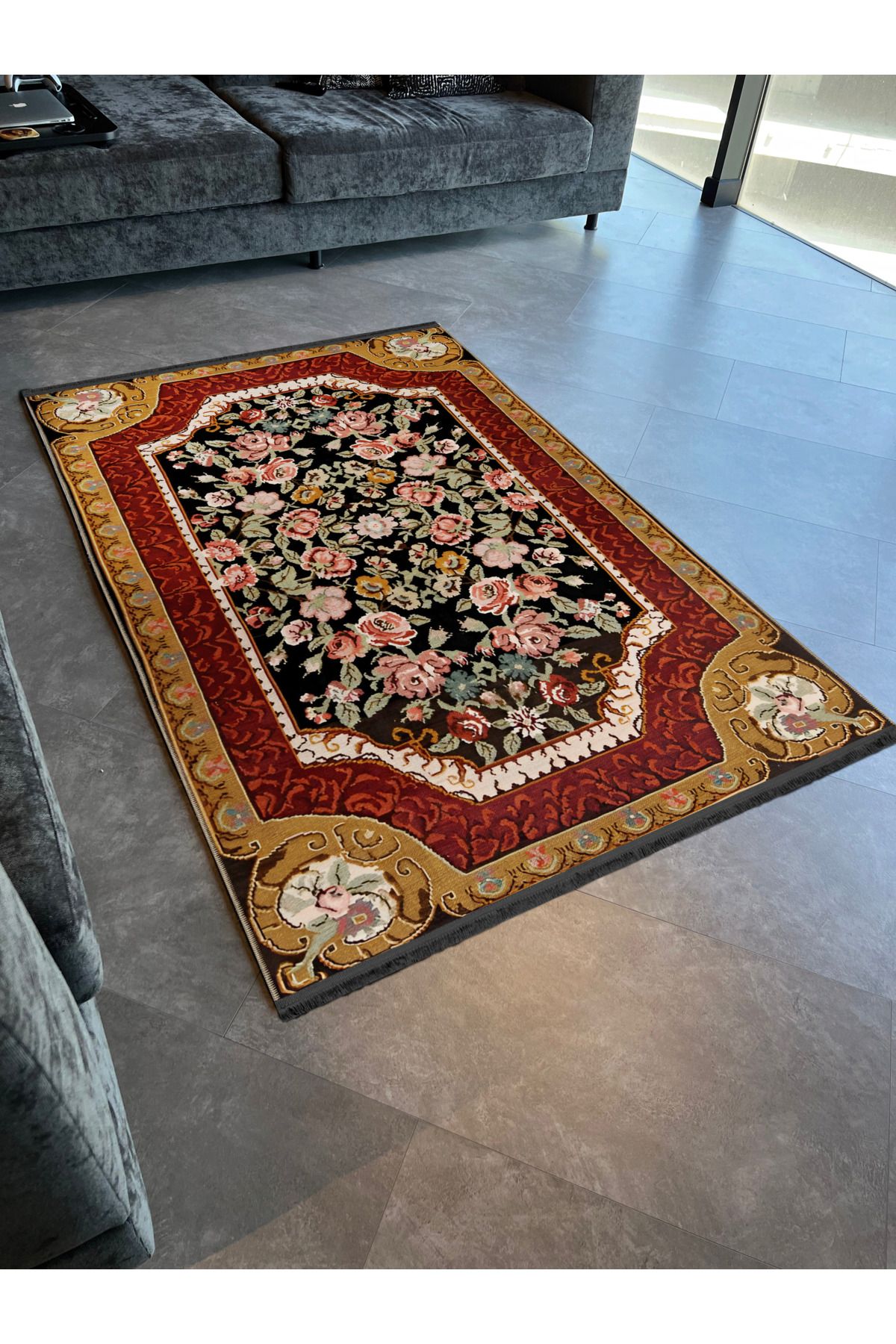 Bej Kırmızı Temalı Çok Renkli Geleneksel Gül Desenli Vintage Dekoratif Halı 1929