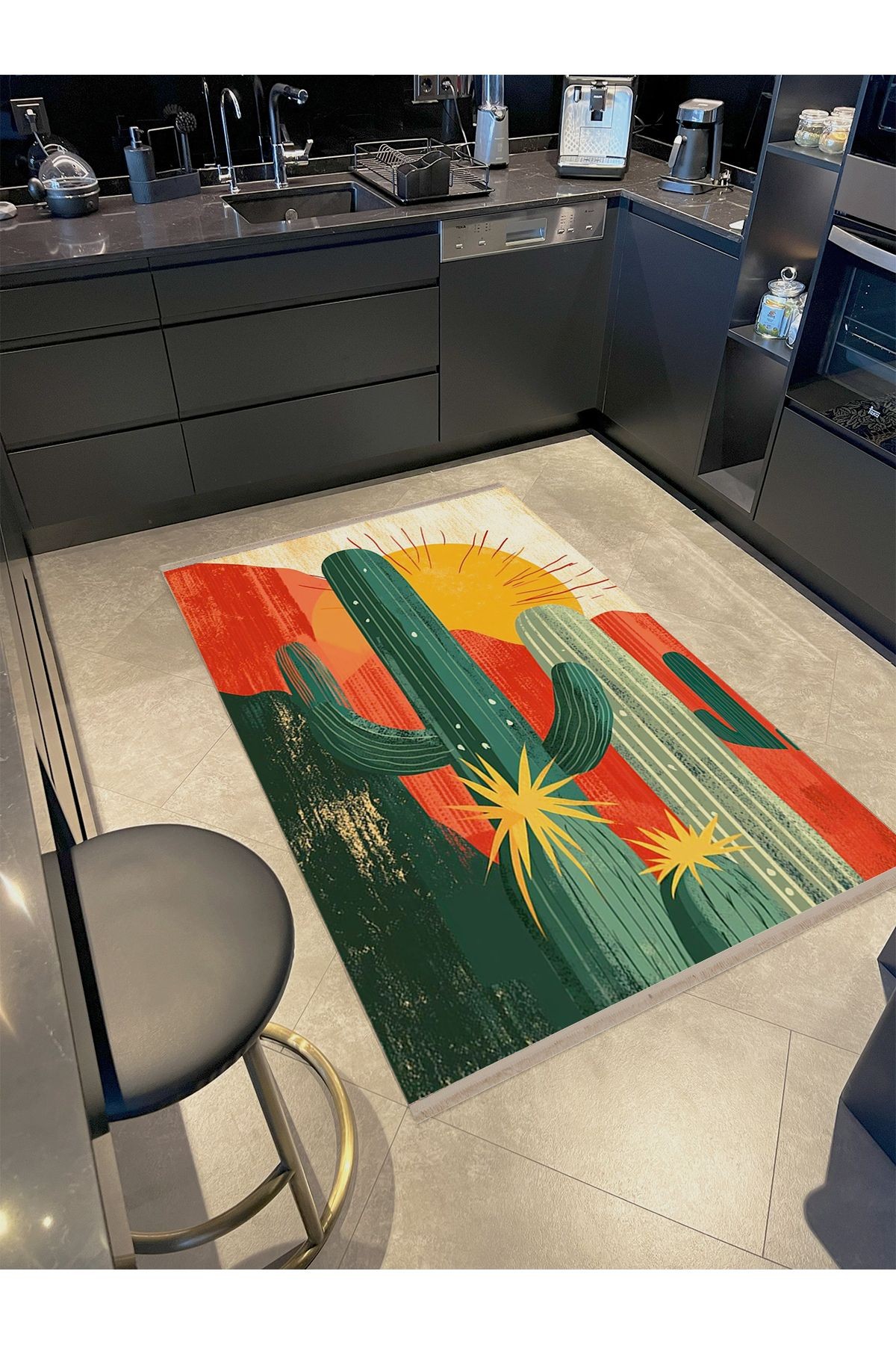 Efe Koleksiyonu Çok Renkli Güneş ve Dağ Silüeti Kaktüs Desenli Dokuma Taban Modern Dekoratif Halı 36