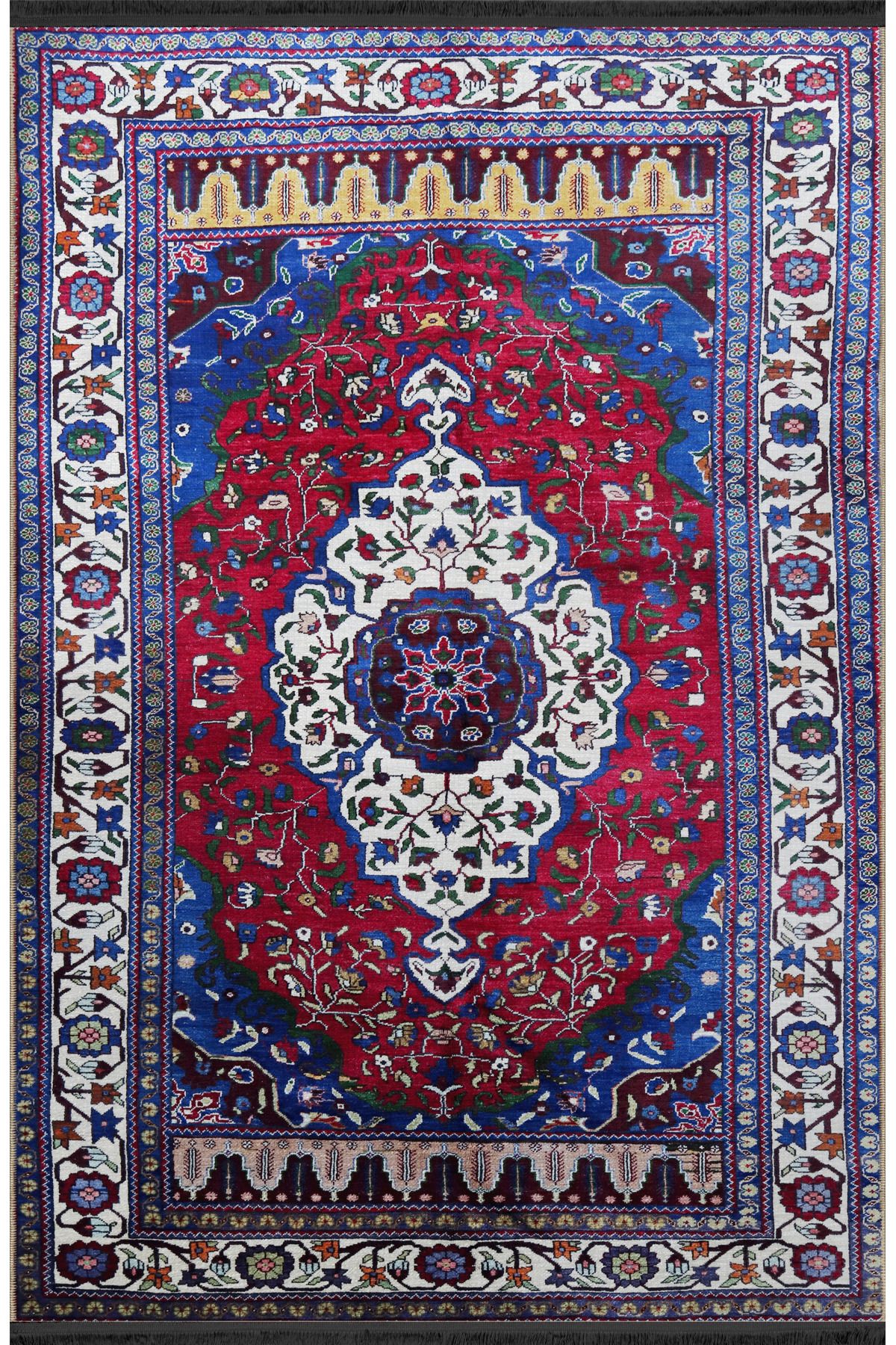 Lacivert Kırmızı Temalı Geleneksel Motif Etnik Desenli Kreatif Vintage Dekoratif Halı 2458