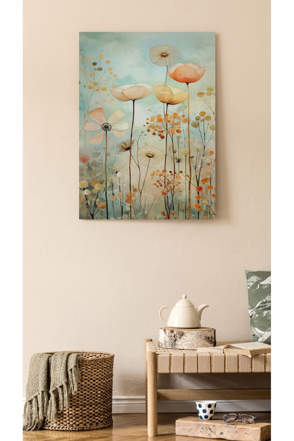 Kanvas Tablo Hasır Tonlarda Uzun Floral Temalı Modern Tablo