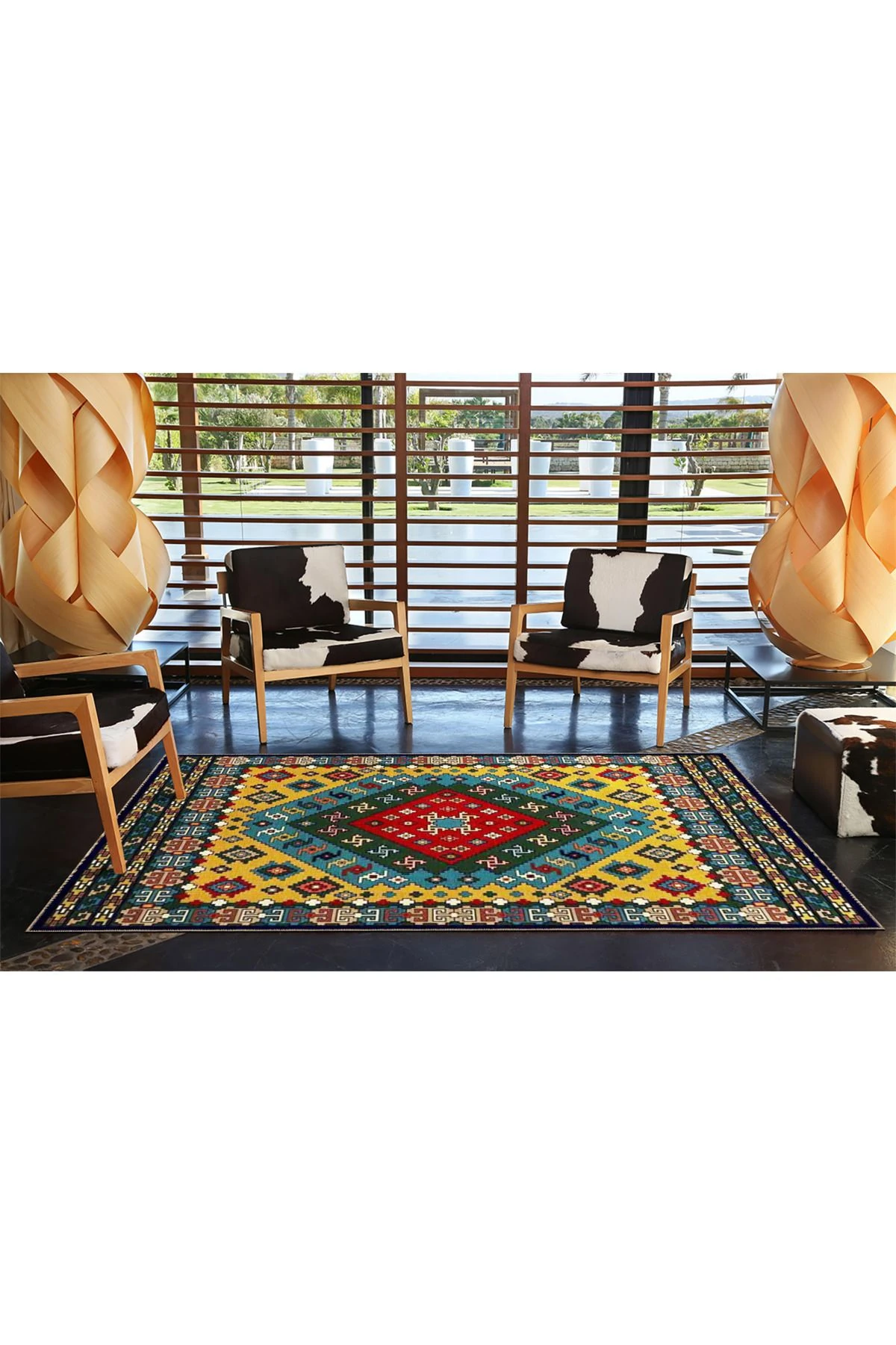 Sarı Kırmızı Geometrik Desenli Dokuma Taban Halı 4125