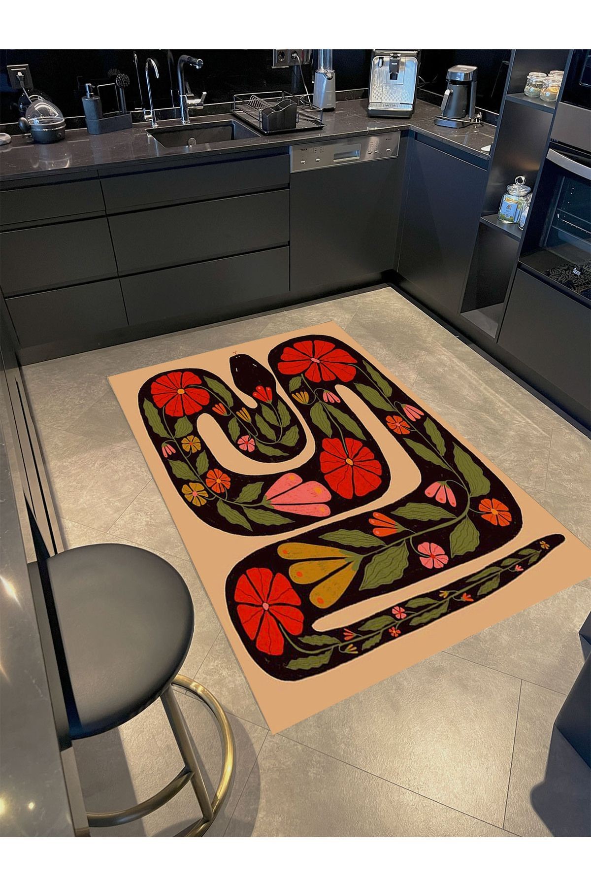 Kemal Koleksiyonu Bej Temalı Floral Detay Yılan Desenli Dokuma Taban Modern Dekoratif Halı 37