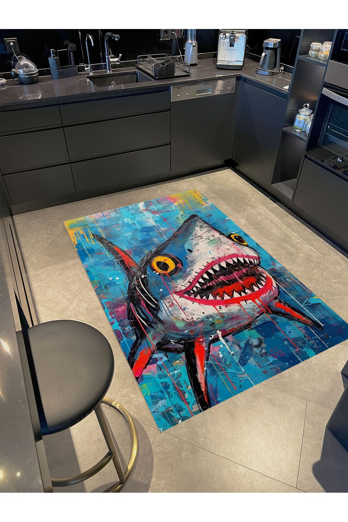 Kemal Koleksiyonu Mavi Temalı Köpekbalığı Desenli Dokuma Taban Modern Dekoratif Halı 48