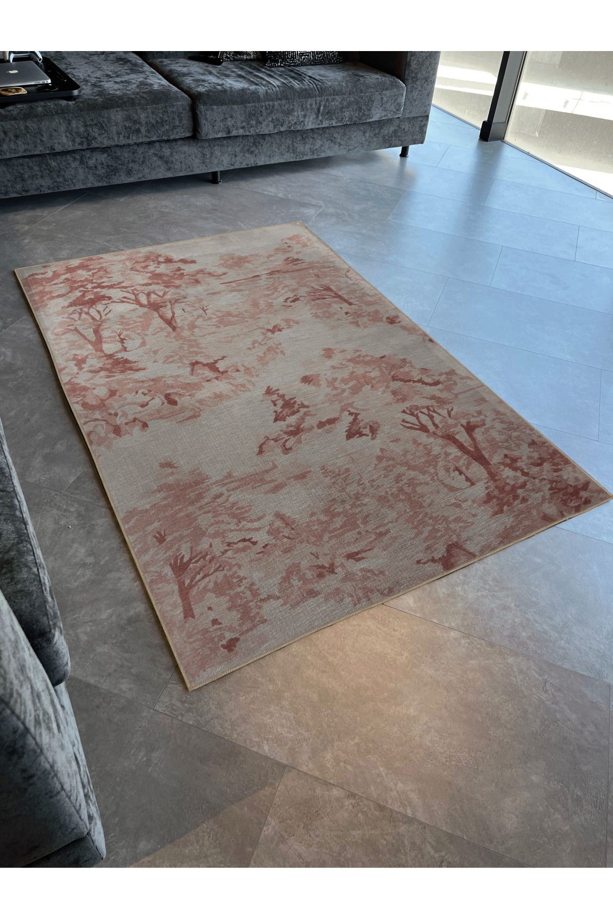 Pembe Bej Temalı Ağaç Desenli Kreatif Modern Dekoratif Halı 3130