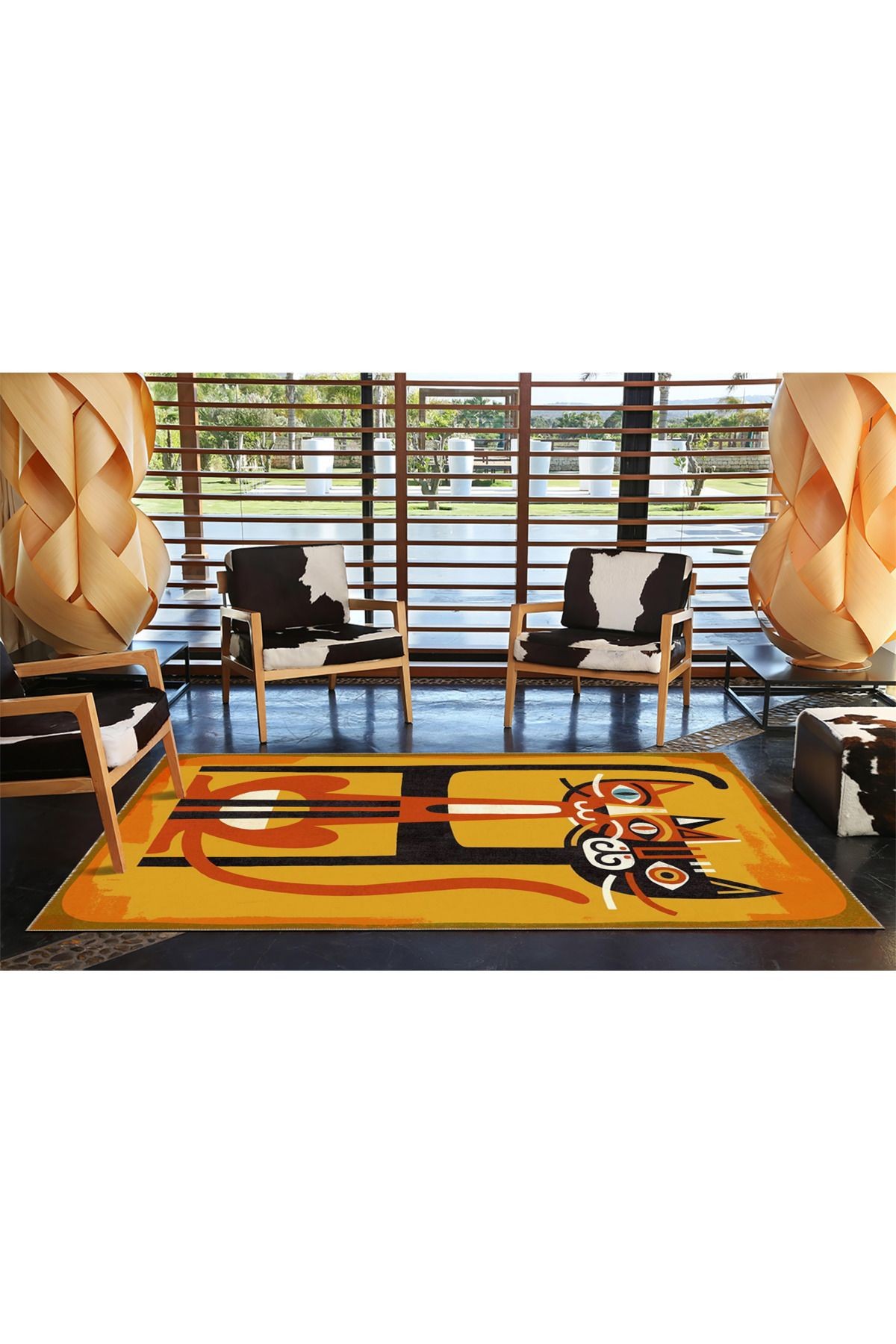 Sarı Temalı Soyut Kedi Desenli Kreatif Modern Dekoratif Halı 3610