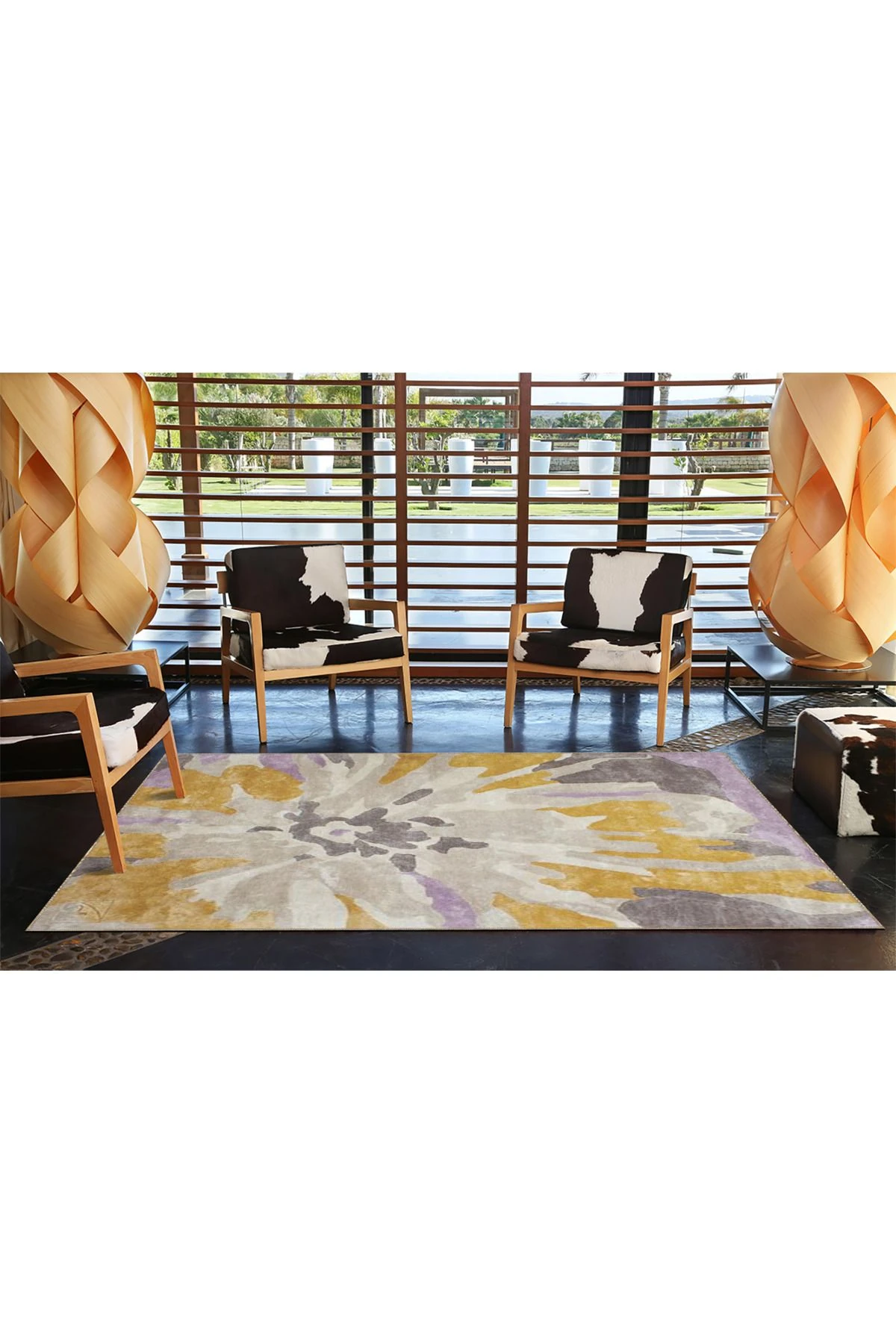 Sarı Krem Pastel Boyalı Geometrik Desenli Dokuma Taban miravip812