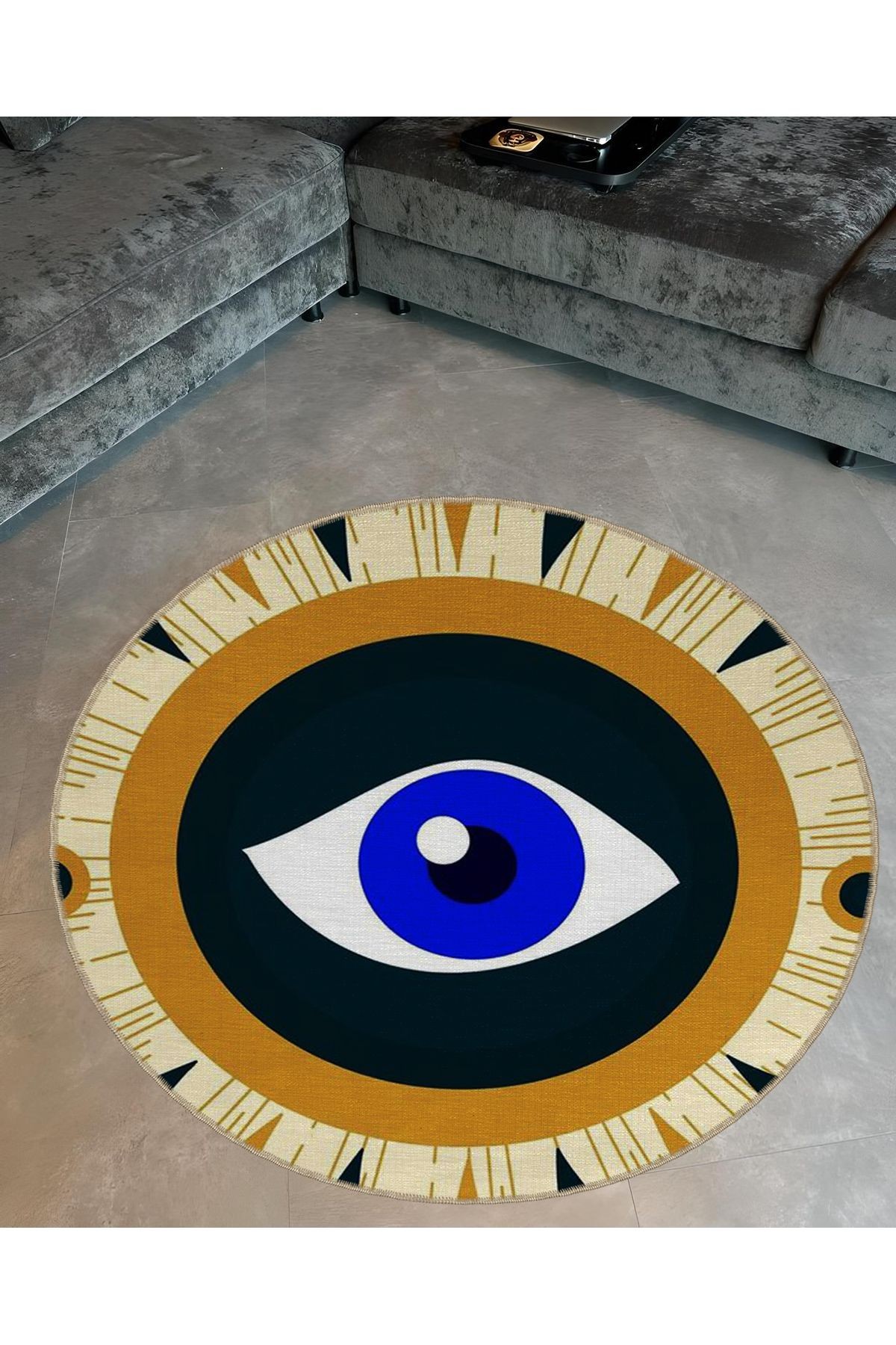 Siyah Tema Mavi Göz Desenli Yuvarlak Dokuma Taban Modern Dekoratif Halı 6068