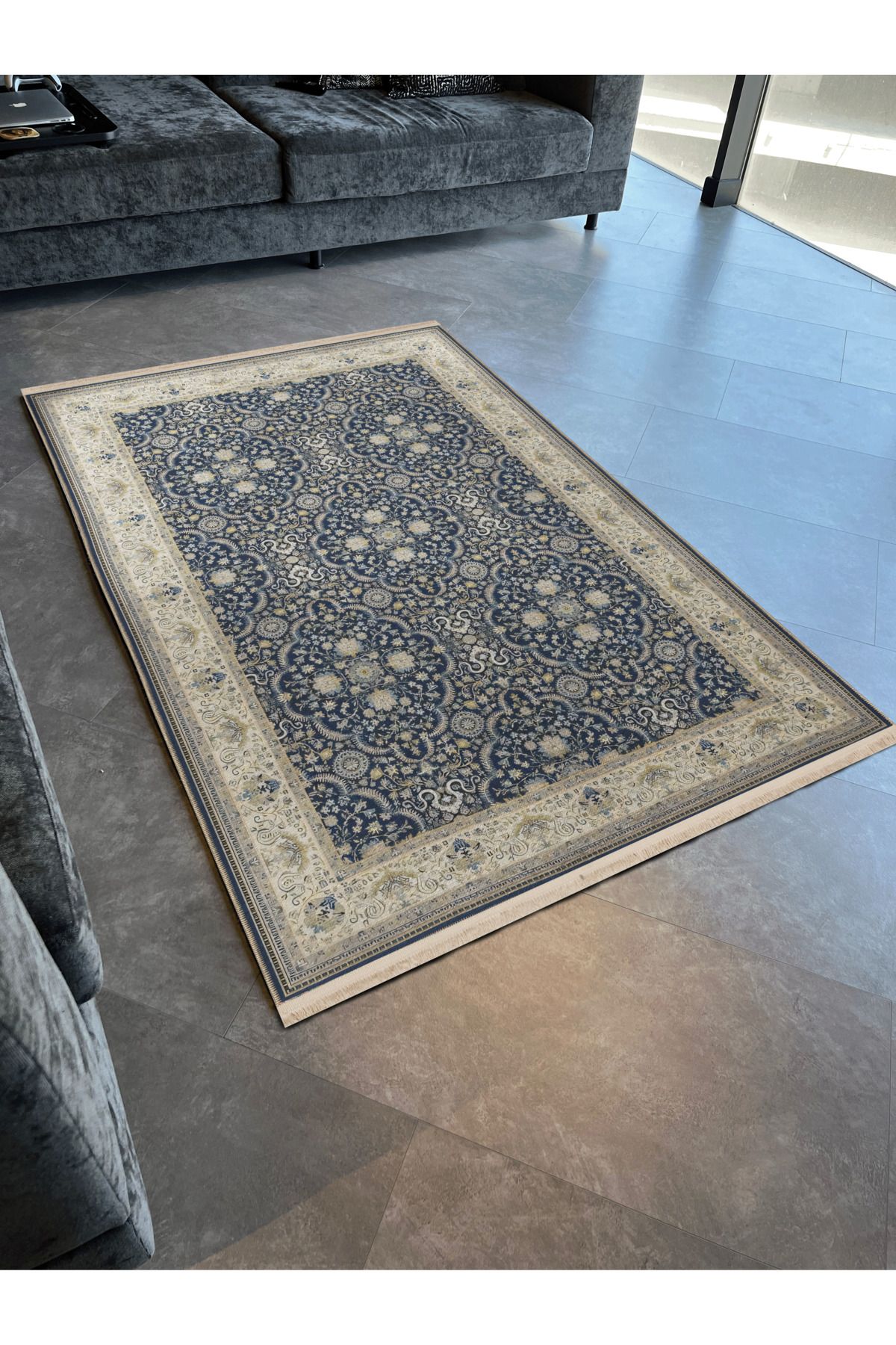 Lacivert Bej Temalı Etnik Çiçek Desenli Kreatif Vintage Dekoratif Halı 2449