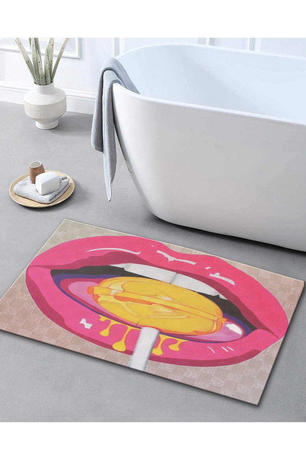 Sarı Pembe Temalı Lolipop ve Dudak Desenli Modern Dekoratif Banyo Paspası 90×60