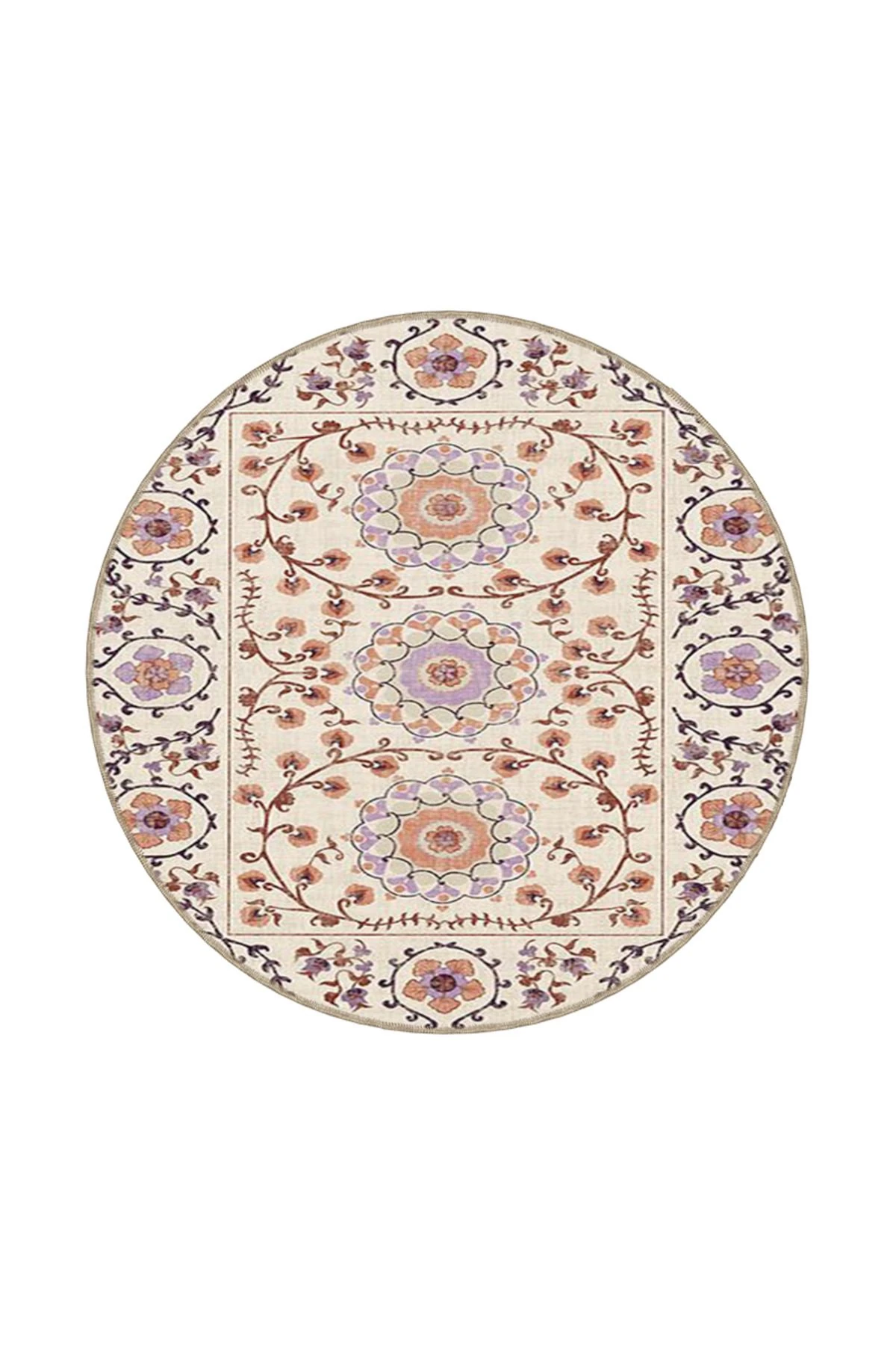 Krem Çiçekli Geometrik Modern Dokuma Taban Halı miravip8106