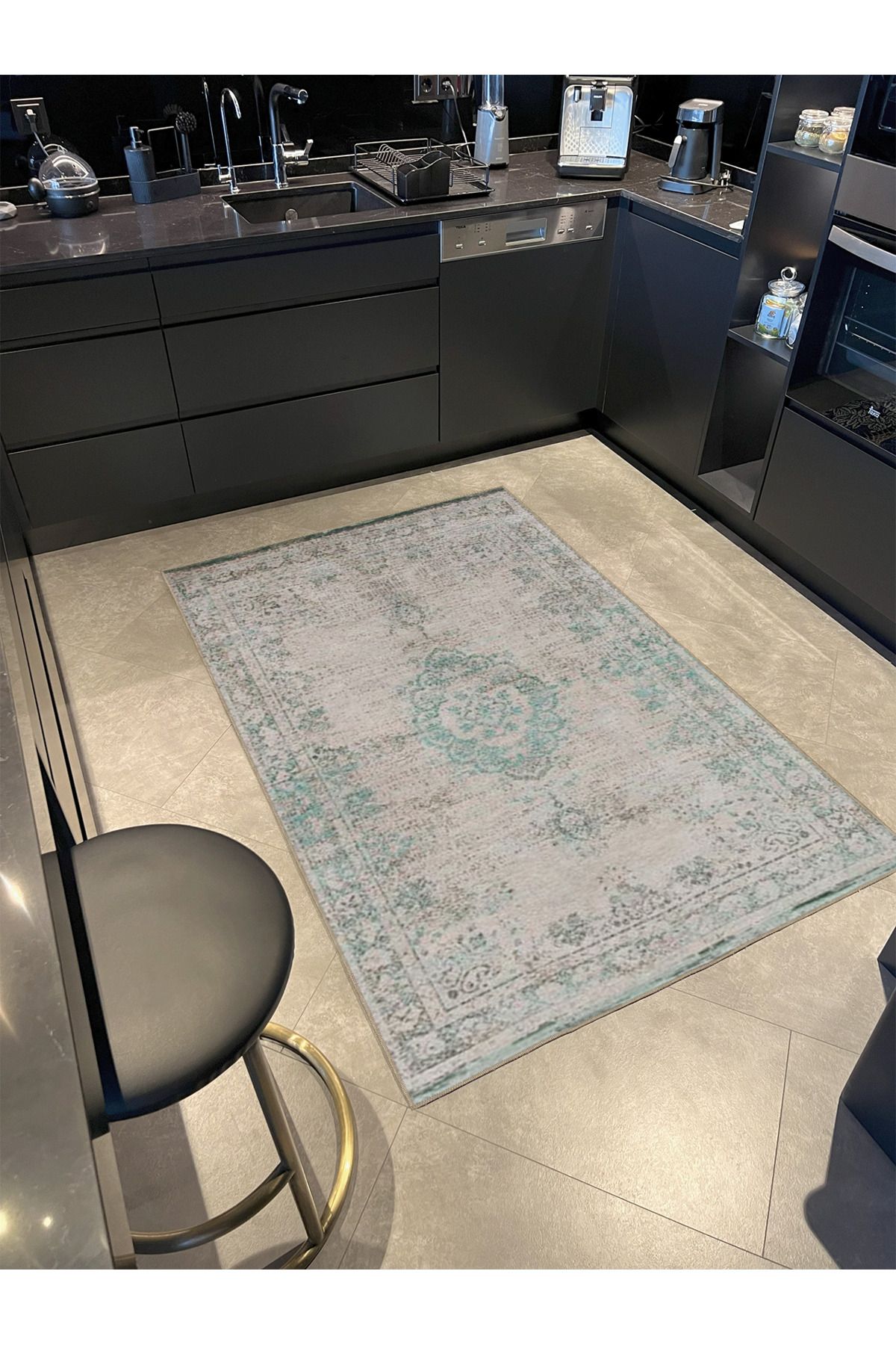 Geleneksel Krem Mavi Geometrik Desenli Dokuma Taban miravip817