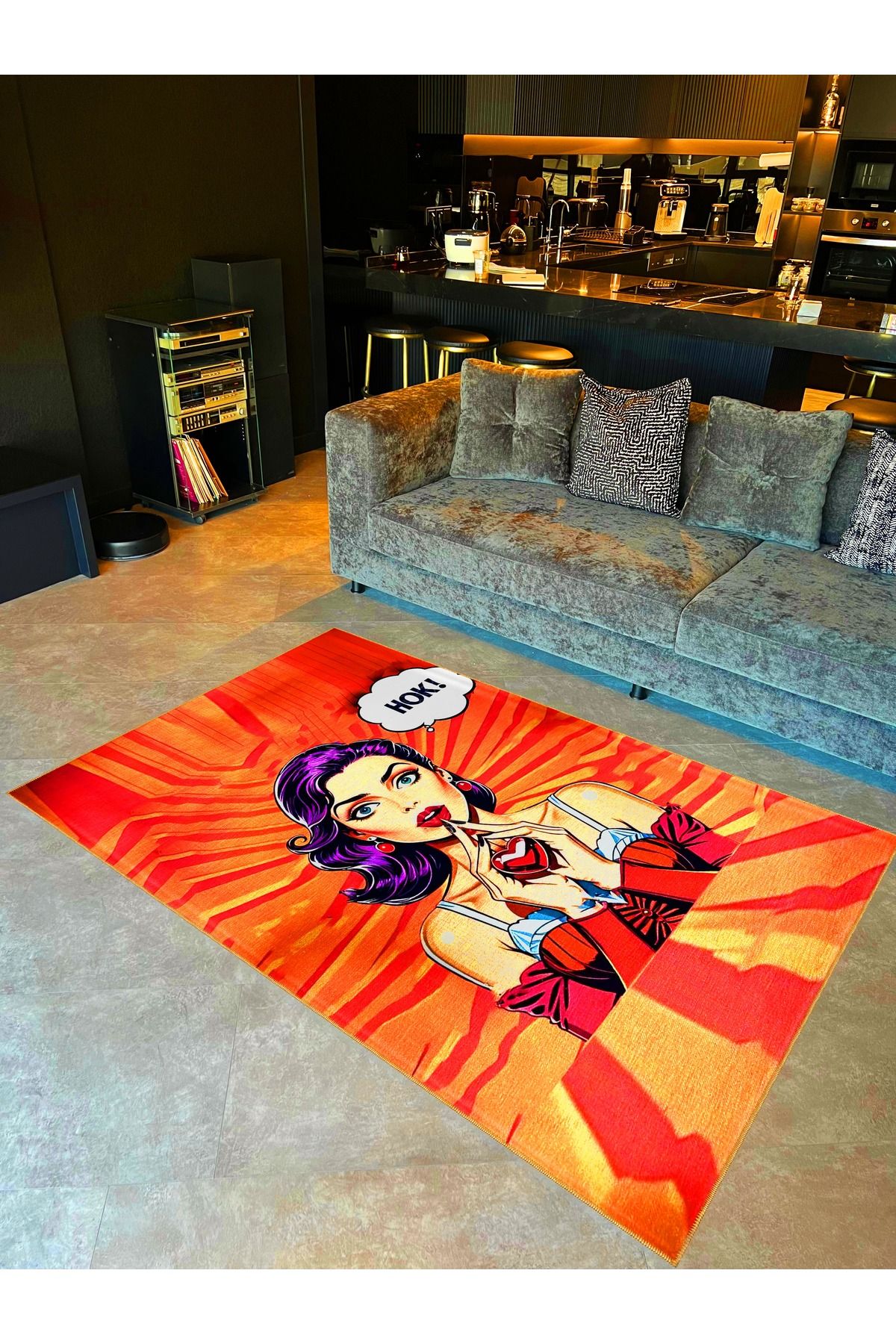 Çok Renkli Mor Saçlı Kadın  Kalp Detaylı Dokuma Taban Yıkanabilir Halı miraface14