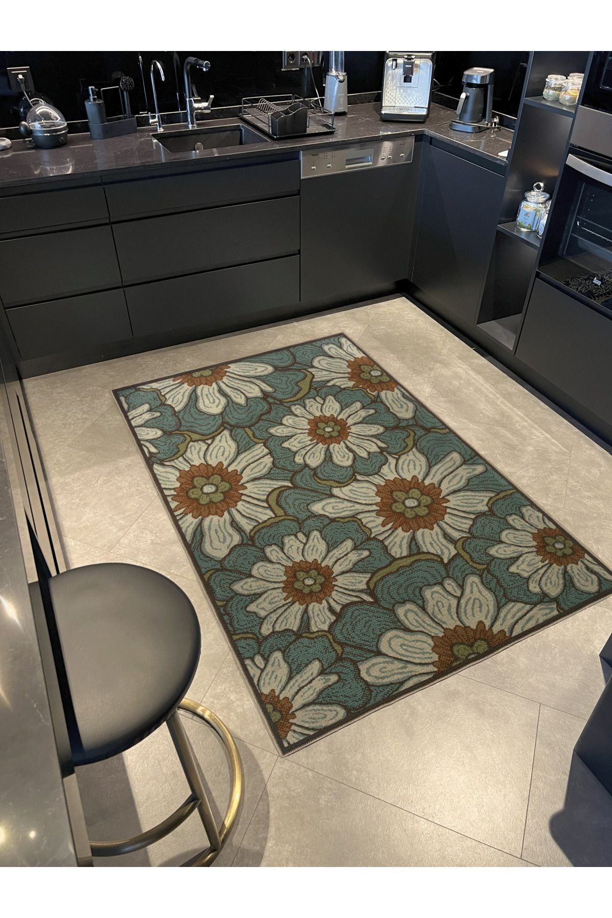 Yeşil Temalı Karma Çiçek Papatya Desenli Kreatif Modern Dekoratif Halı 2964