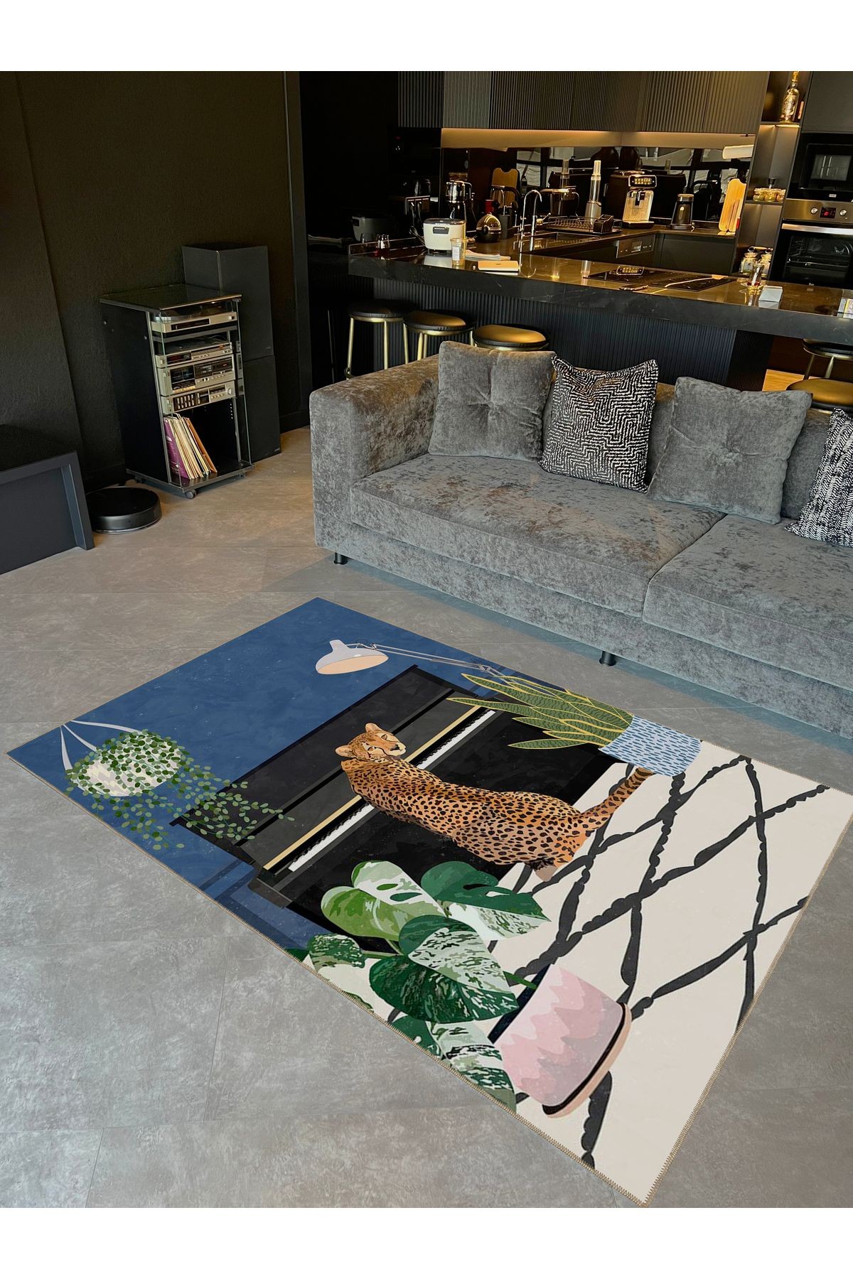 Buse Koleksiyonu Piyano ve Leopar Desenli Dokuma Taban Modern Dekoratif Halı buse16
