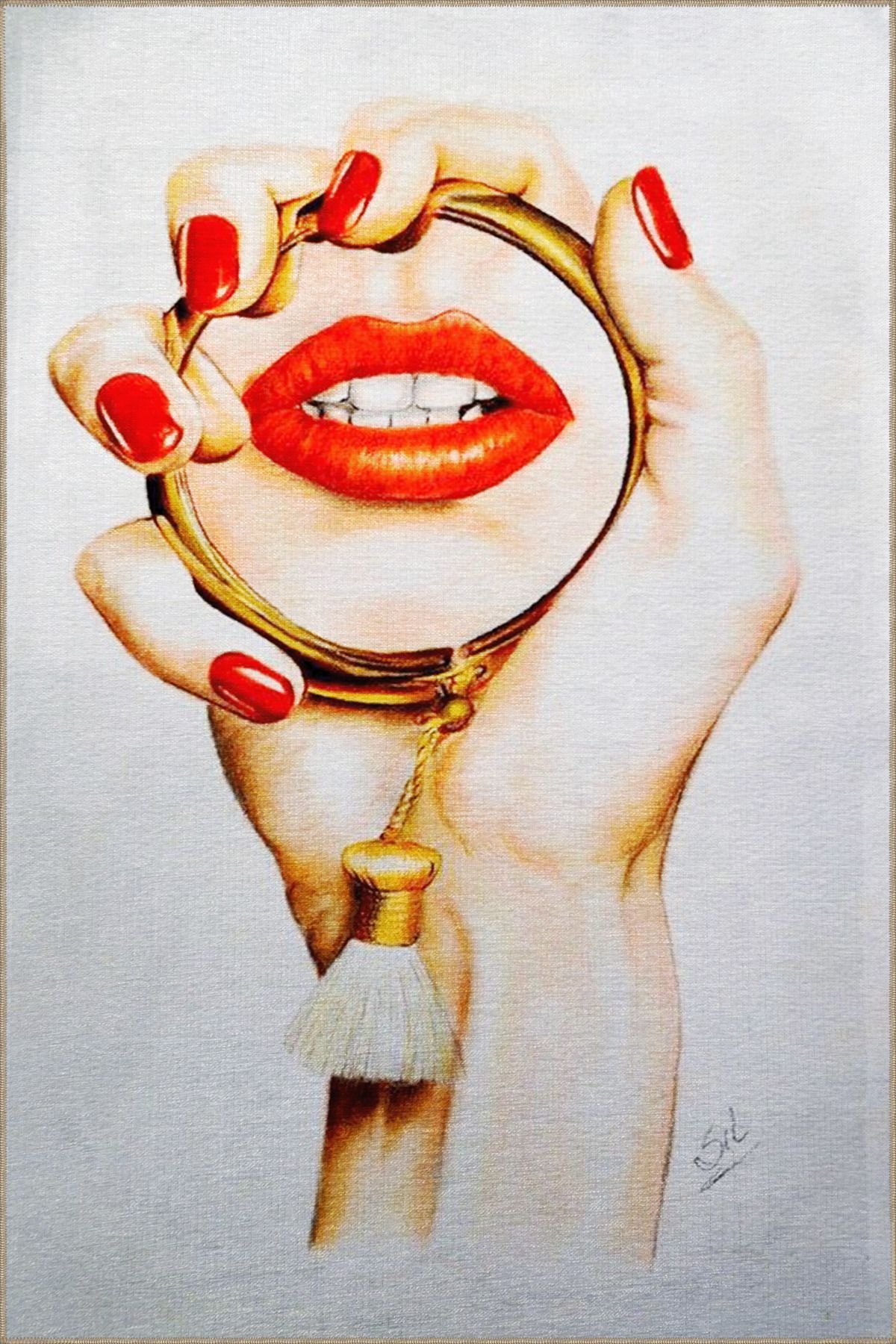 Bej Kırmızı Temalı El ve Dudak Desenli Kreatif Modern Dekoratif Halı 3650