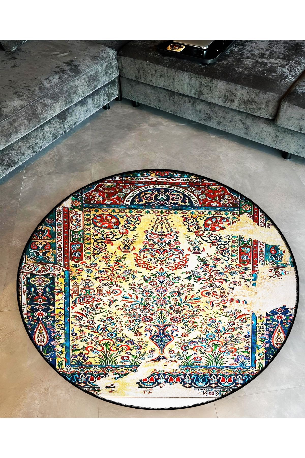Çok Renkli Soyut Geleneksel Desenli Yuvarlak Dokuma Taban Vintage Dekoratif Halı 6142
