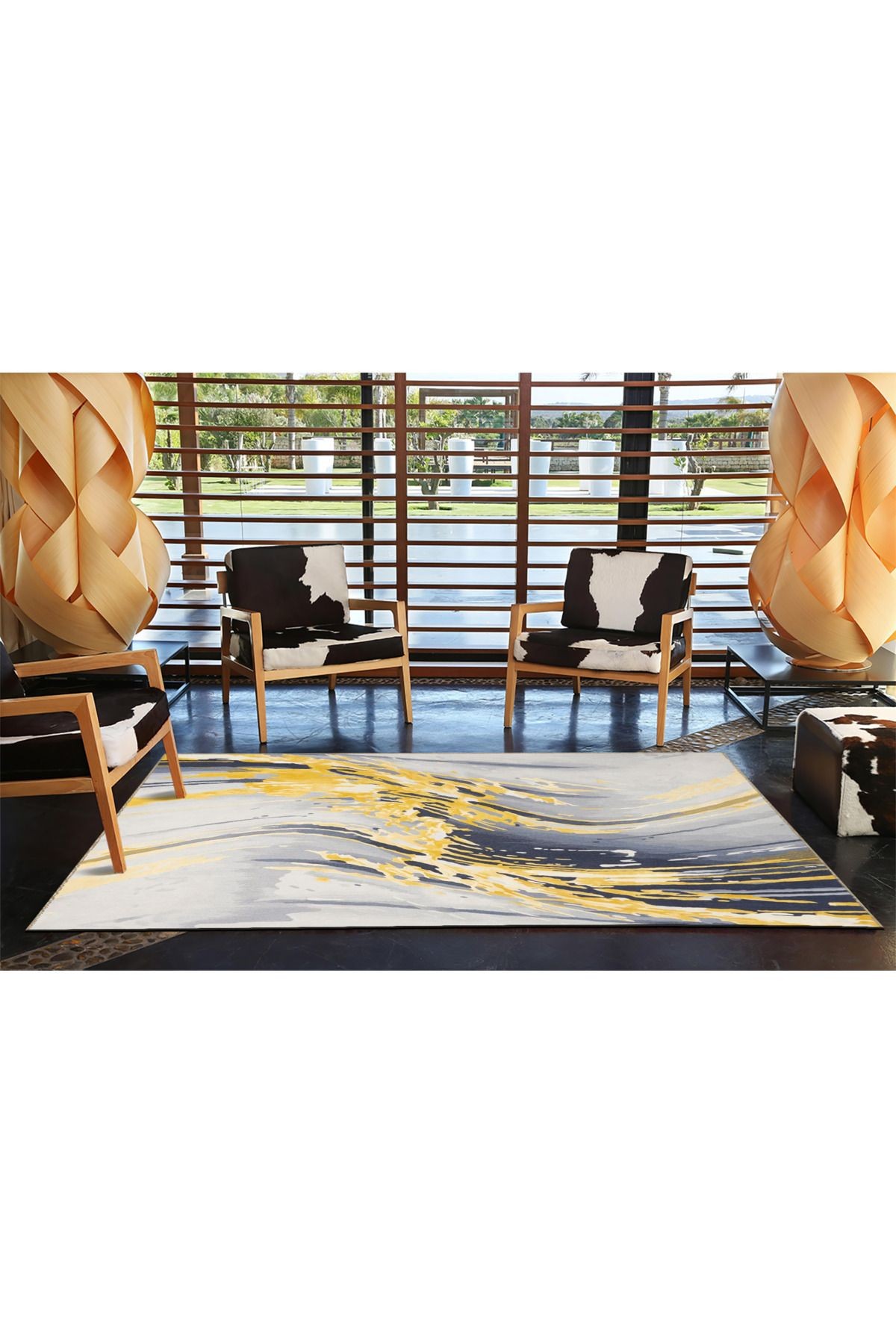 Gri Sarı Temalı Soyut Boya Sıçratma Desenli Modern Dekoratif Halı 3994