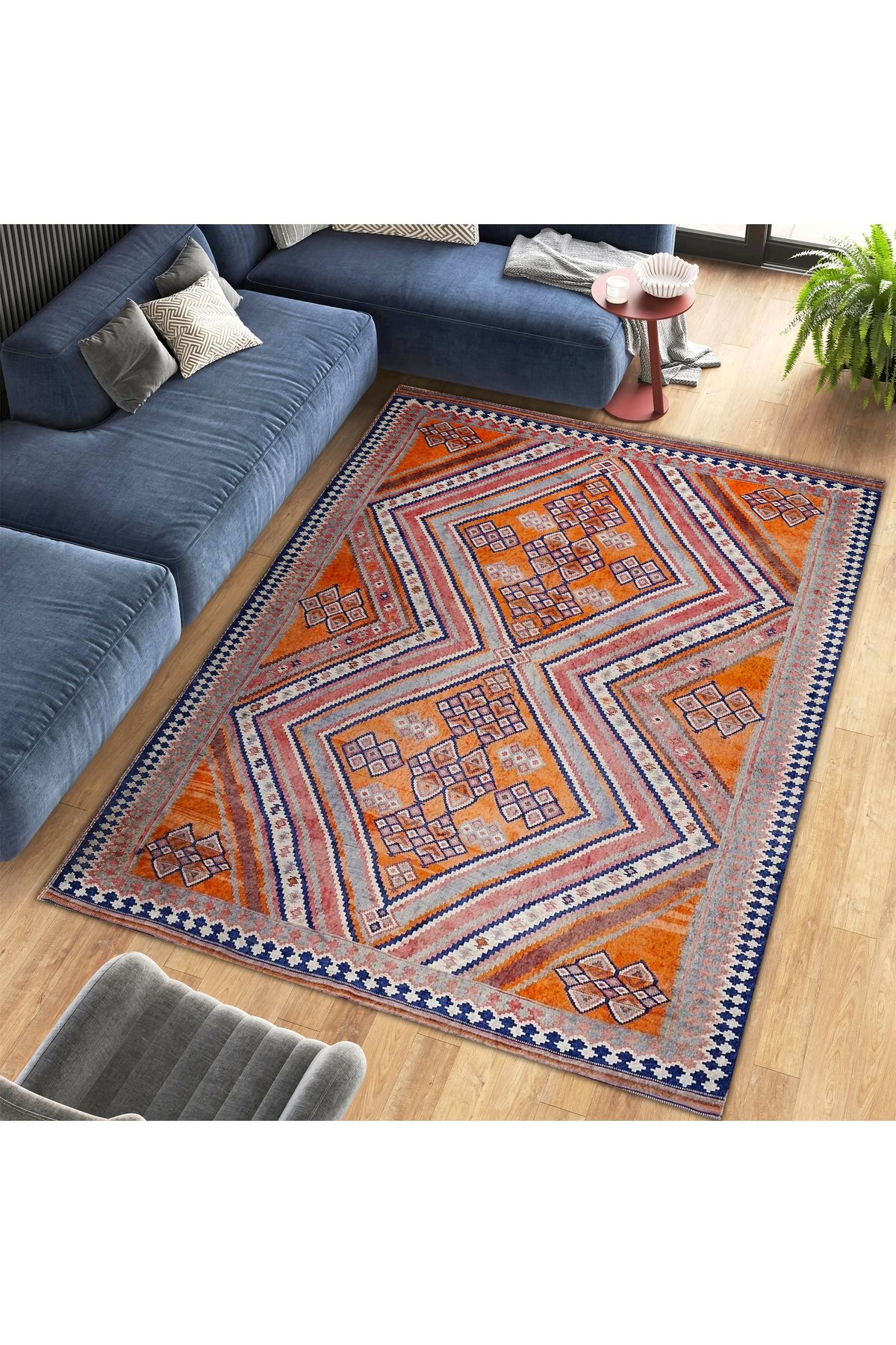 Mete Koleksiyonu Turuncu Temalı Etnik Motifler ve Geometrik Desenli Vintage Dekoratif Halı 48