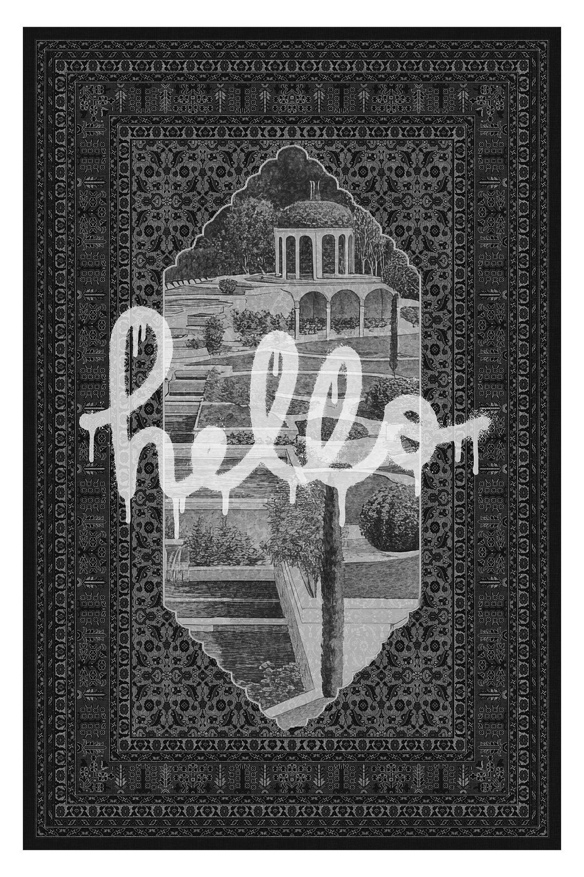 Bliss Siyah Beyaz Yazılı Hello Yazılı Vintage Etnik Dokuma Taban Dekoratif Salon Halısı 904