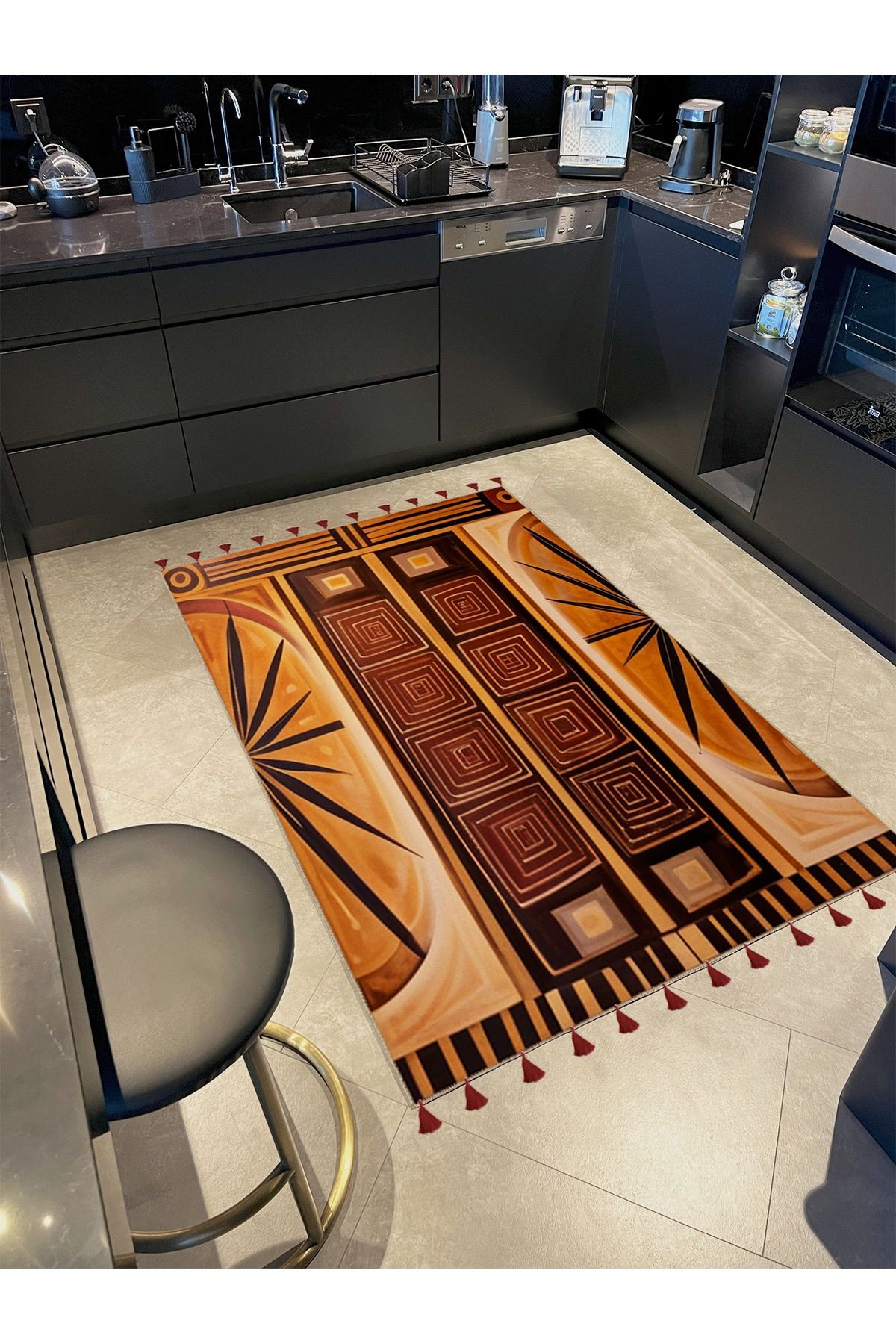 Royal Karma Soyut Şekiller Desenli Püskül Detaylı Dokuma Taban Modern Dekoratif Halı royal21