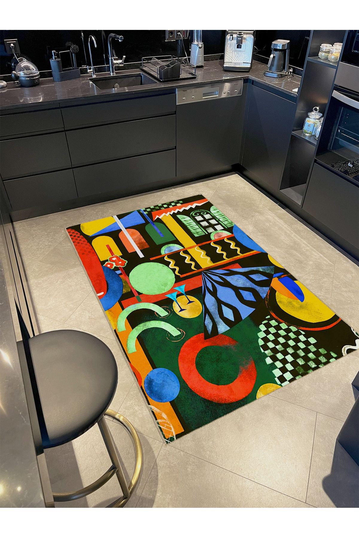 Emre Koleksiyonu Çok Renkli Karma Geometrik Şekiller Desenli Dokuma Taban Modern Dekoratif Halı 46