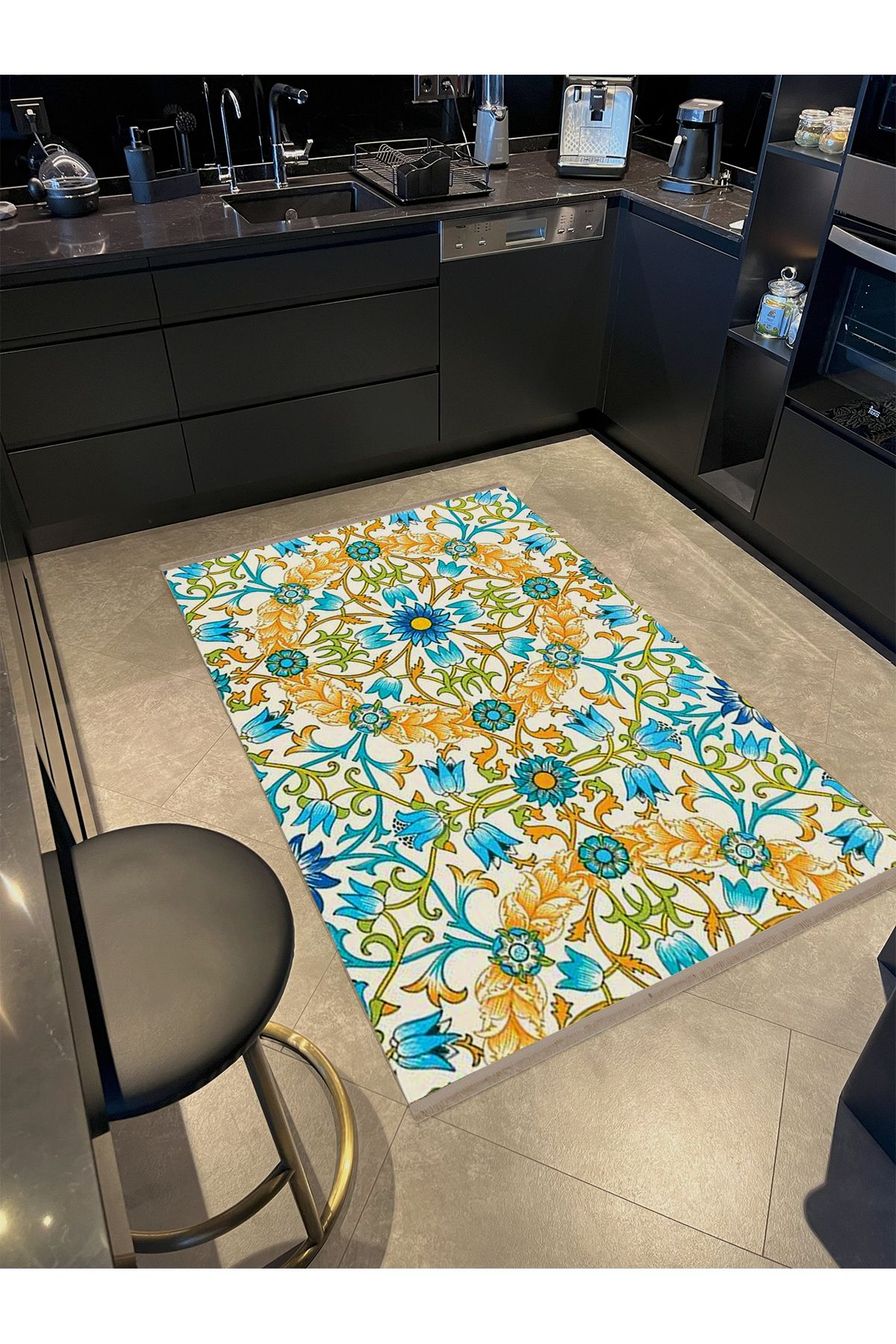 Özge Koleksiyonu Mavi Sarı Sarmaşık ve Çiçekler Desenli Dokuma Taban Modern Dekoratif Halı özge04