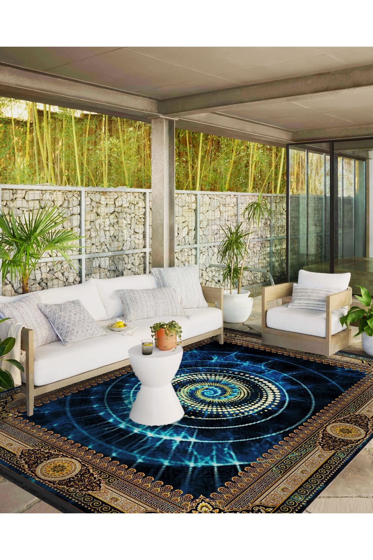 Sarı Bordür Detaylı Lacivert Şekilli Antik Tasarım Serisi Dekoratif Halı antik167