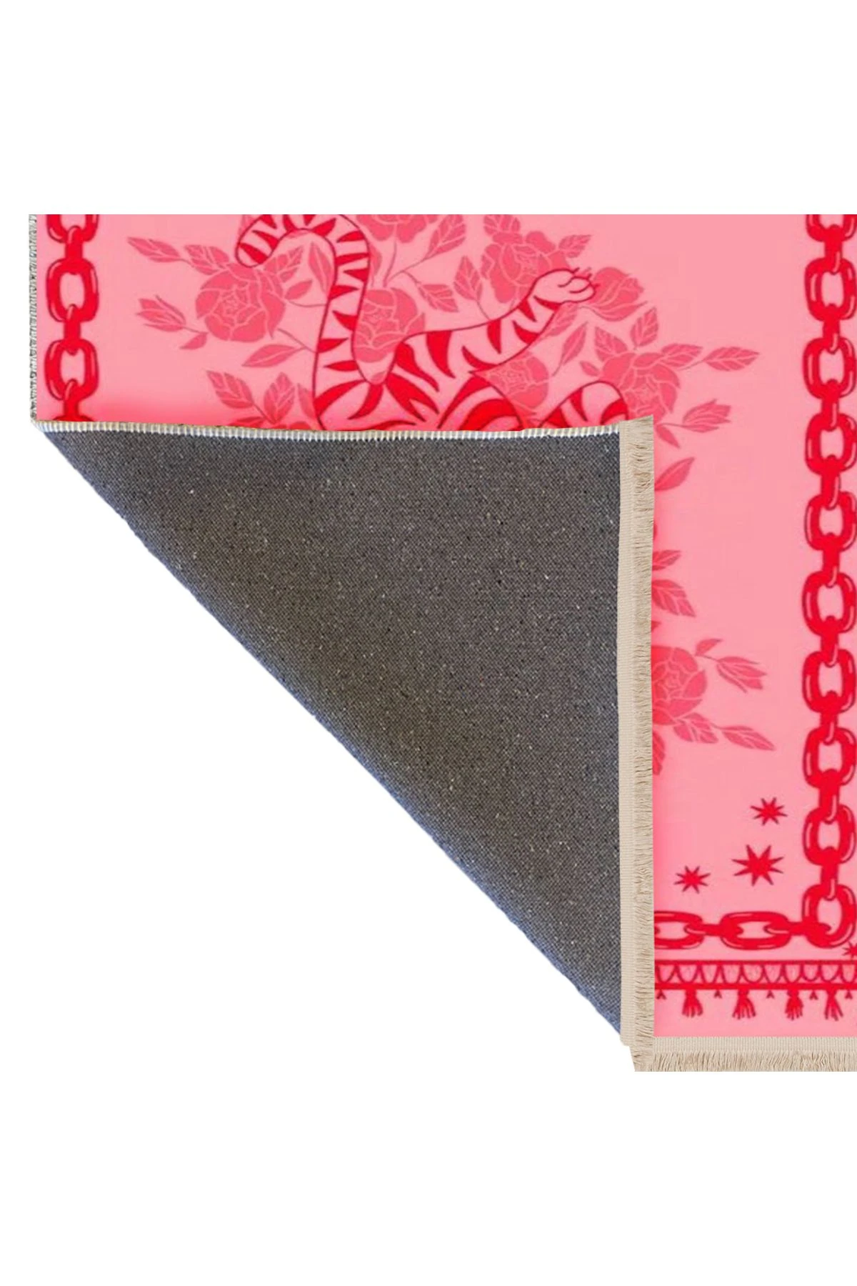 Yılmaz Koleksiyonu Pembe Kırmızı Zincir ve Çiçek Detaylı Kaplan Modern Dekoratif Halı yılmaz32