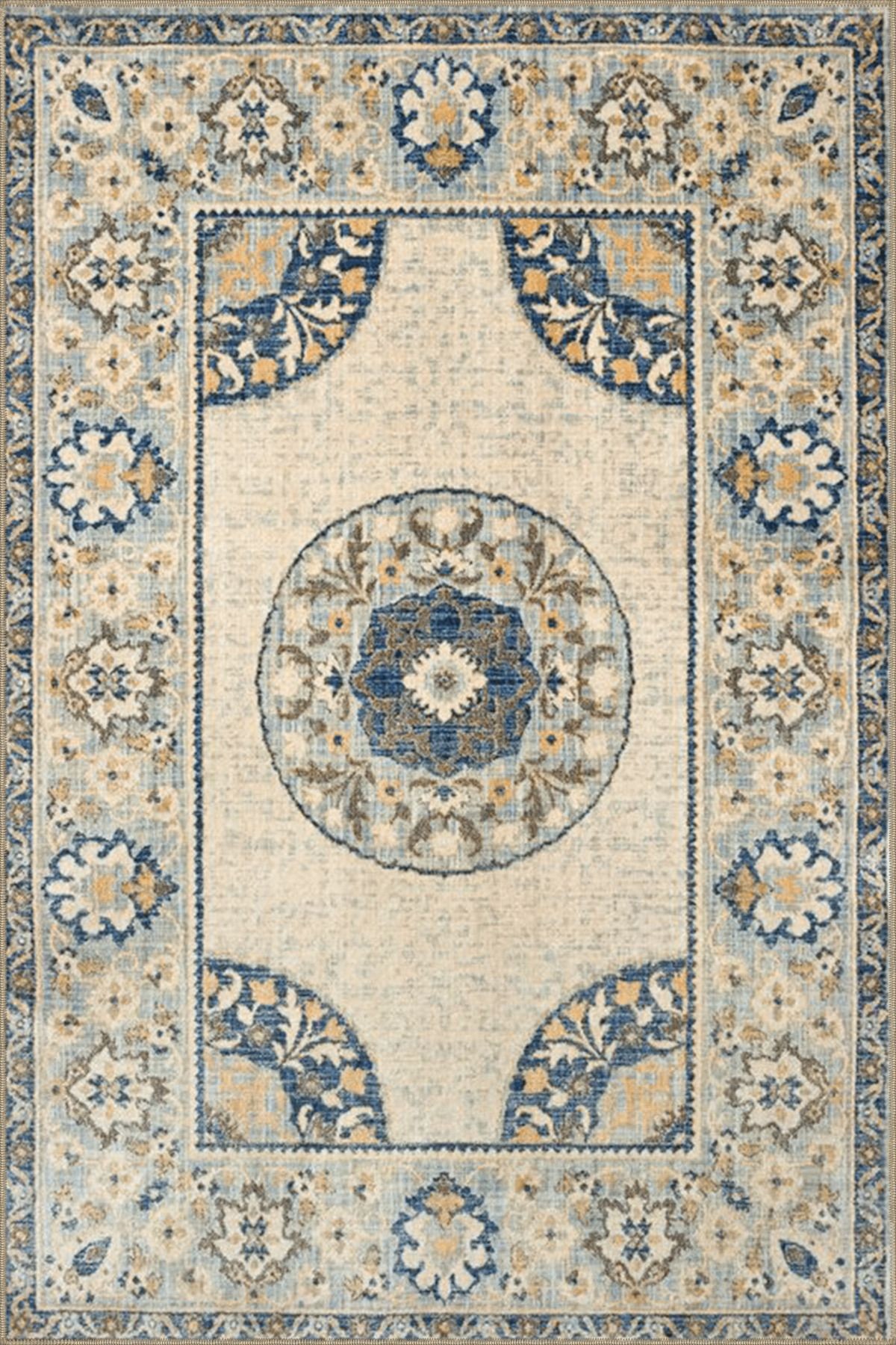 Bej Temalı Çok Renkli Motifli Etnik Çiçek Desenli Vintage Dekoratif Halı 3885