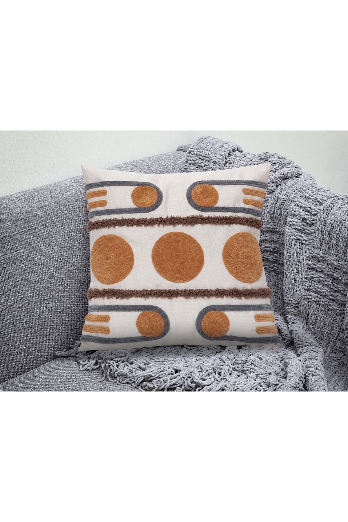 Bohem Tarz Nakış Detaylı Turuncu Gri Desenli Punch Kırlent Kılıfı 03
