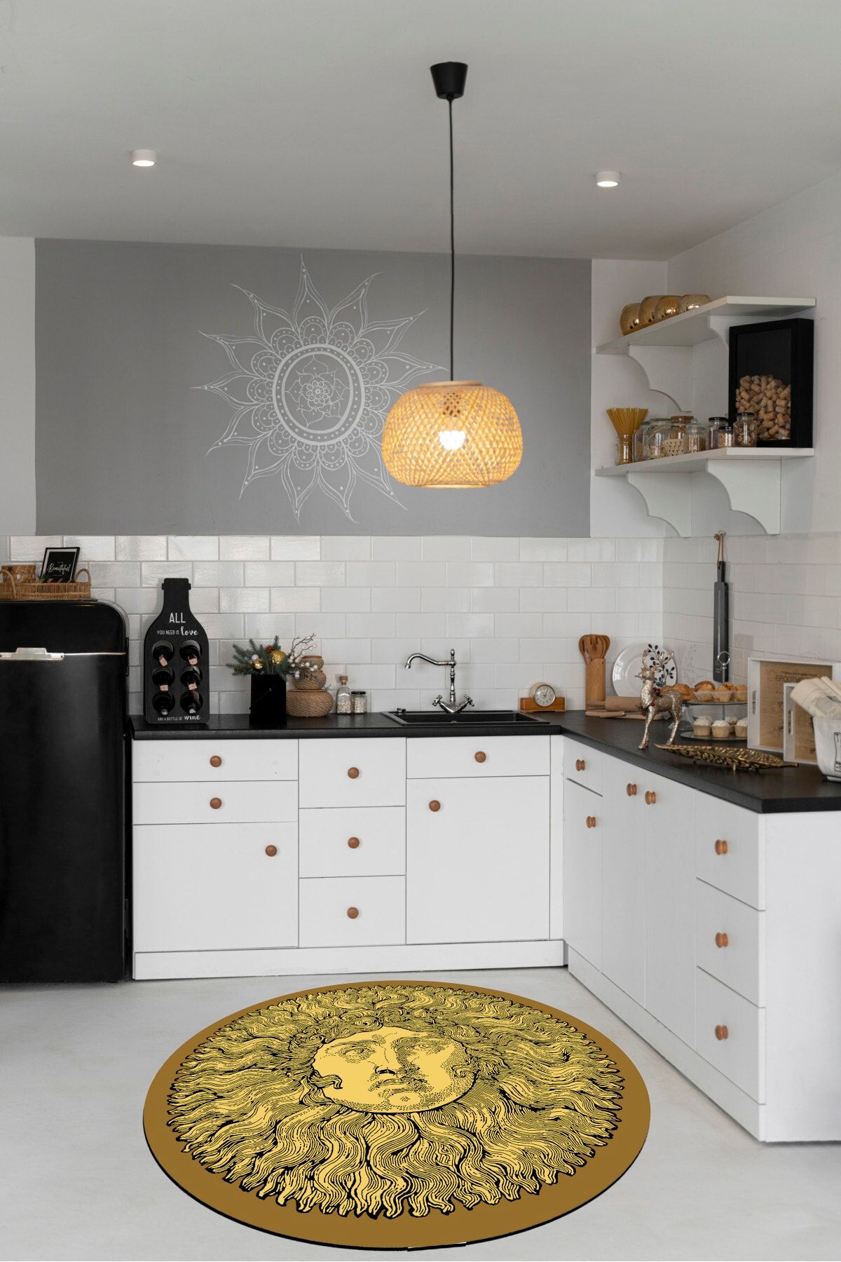 Mira 918 Güneş Temalı Siyah Yuvarlak Halı