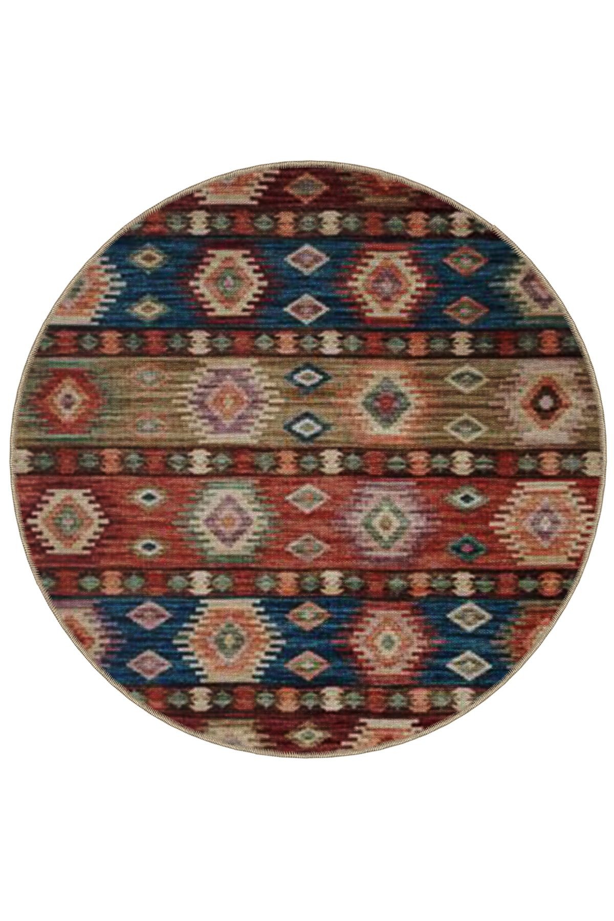 Çok Renkli Etnik Motifli Geleneksel Desenli Yuvarlak Dokuma Taban Vintage Dekoratif Halı 6059