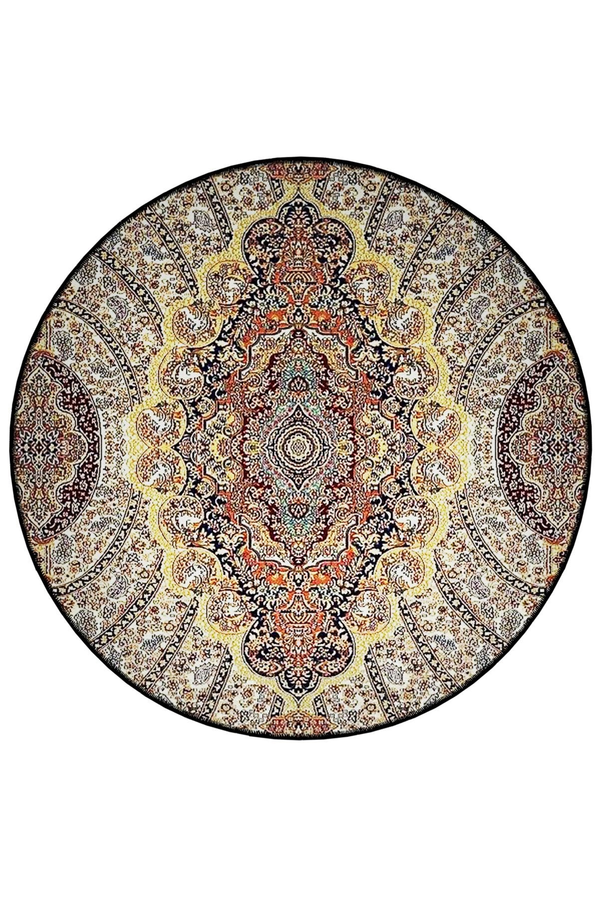 Bej Tonlar Geleneksel Motifli Desenli Yuvarlak Dokuma Taban Vintage Dekoratif Halı 6204