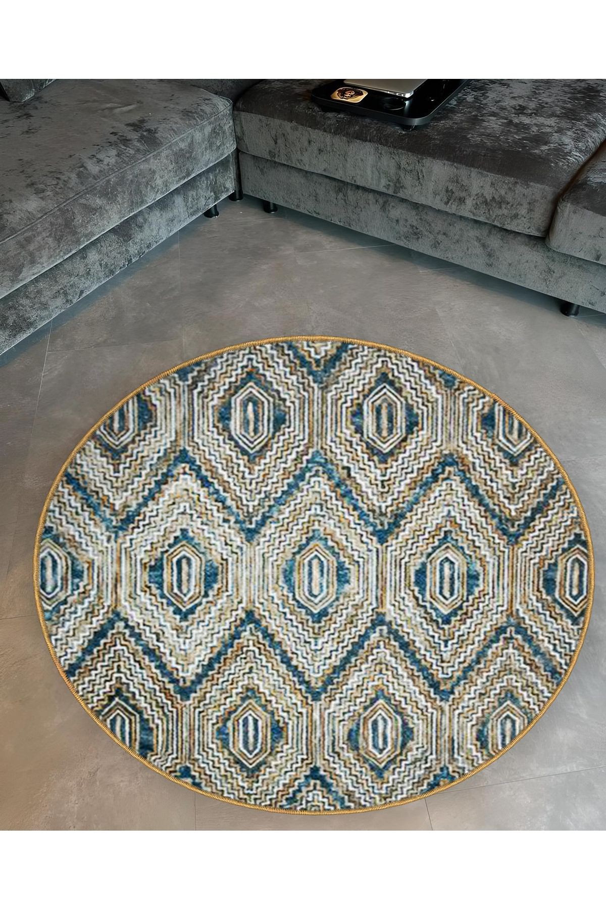 Gri Mavi Ton Geometrik Desenli Yuvarlak Dokuma Taban Modern Dekoratif Halı 6091