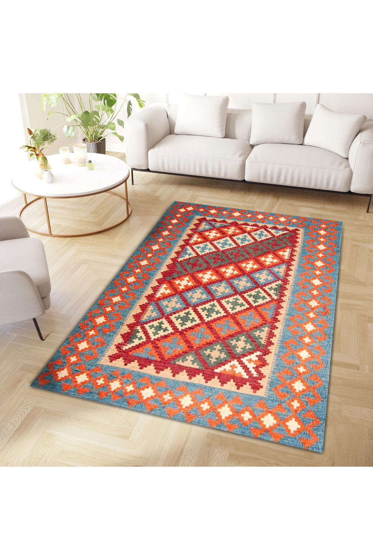 Aysu Koleksiyonu Turuncu Detaylı Etnik Desenli Dokuma Taban Modern Dekoratif Halı aysu19