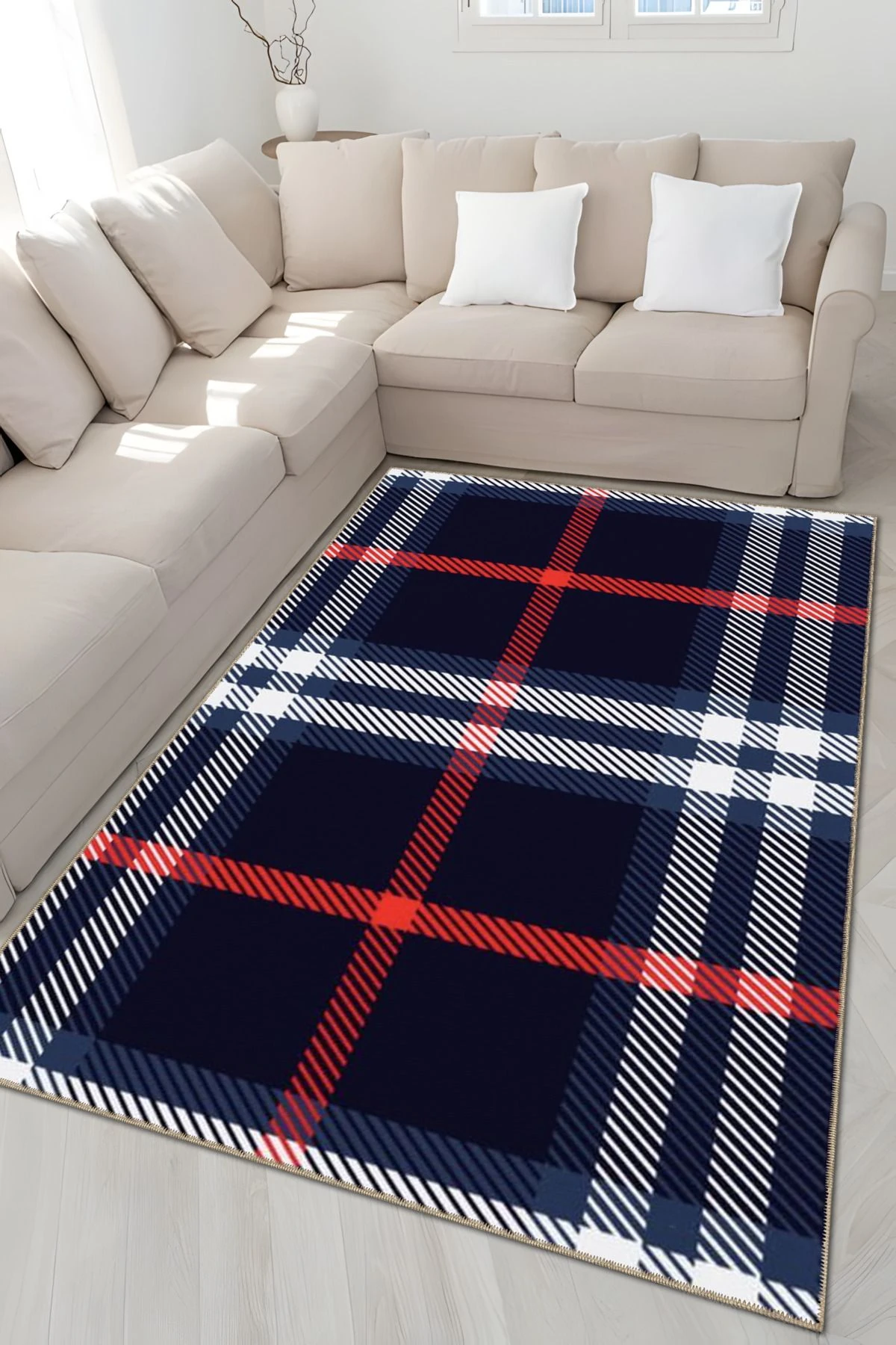 Lacivert Temalı Çizgili Geometrik Desenli Kreatif Modern Dekoratif Halı 4818