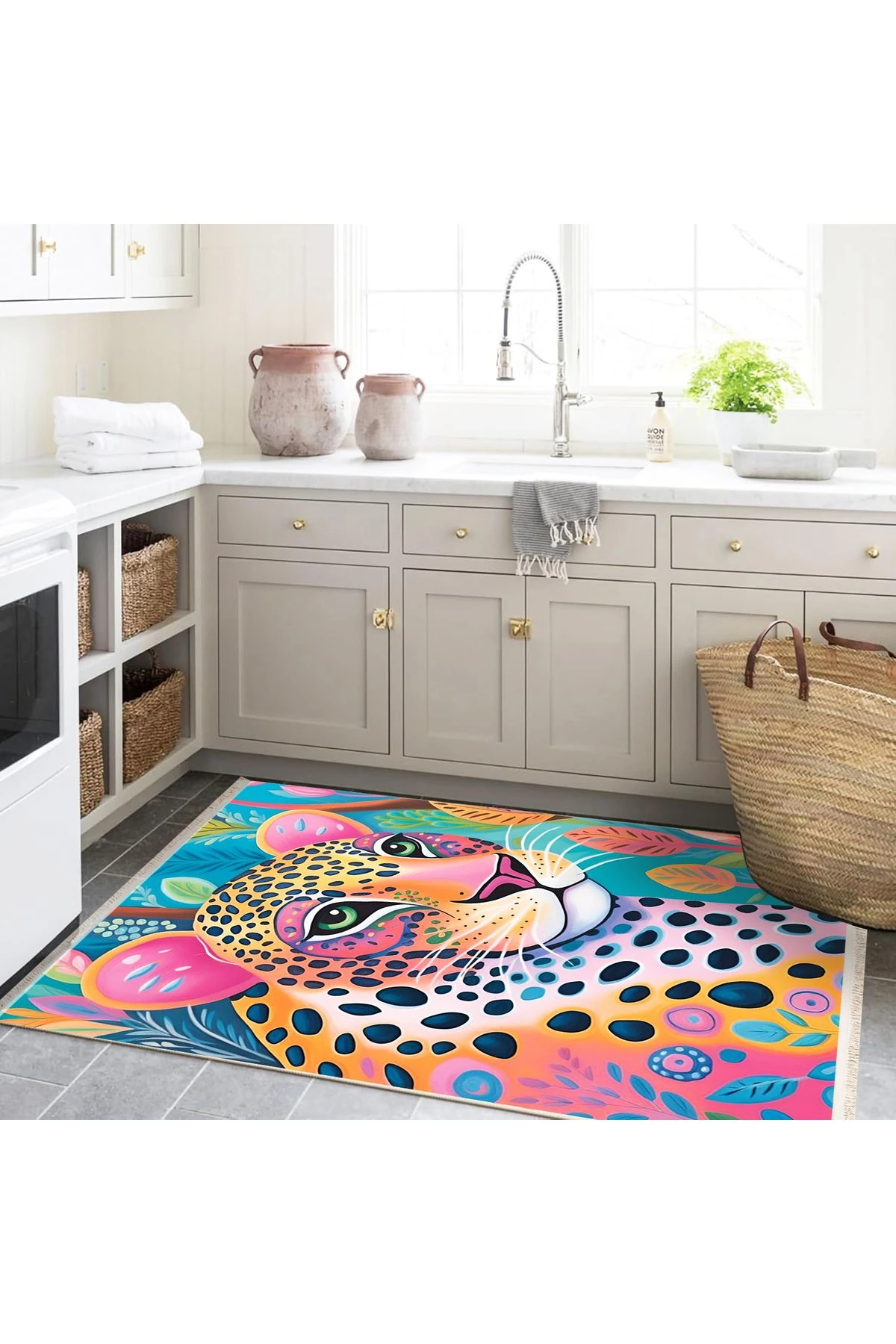 Özge Koleksiyonu Çok Renkli Yeşil Gözlü Kaplan Desenli Dokuma Taban Modern Dekoratif Halı özge45