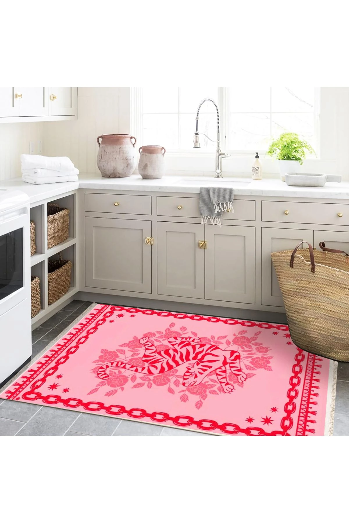 Yılmaz Koleksiyonu Pembe Kırmızı Zincir ve Çiçek Detaylı Kaplan Modern Dekoratif Halı yılmaz32