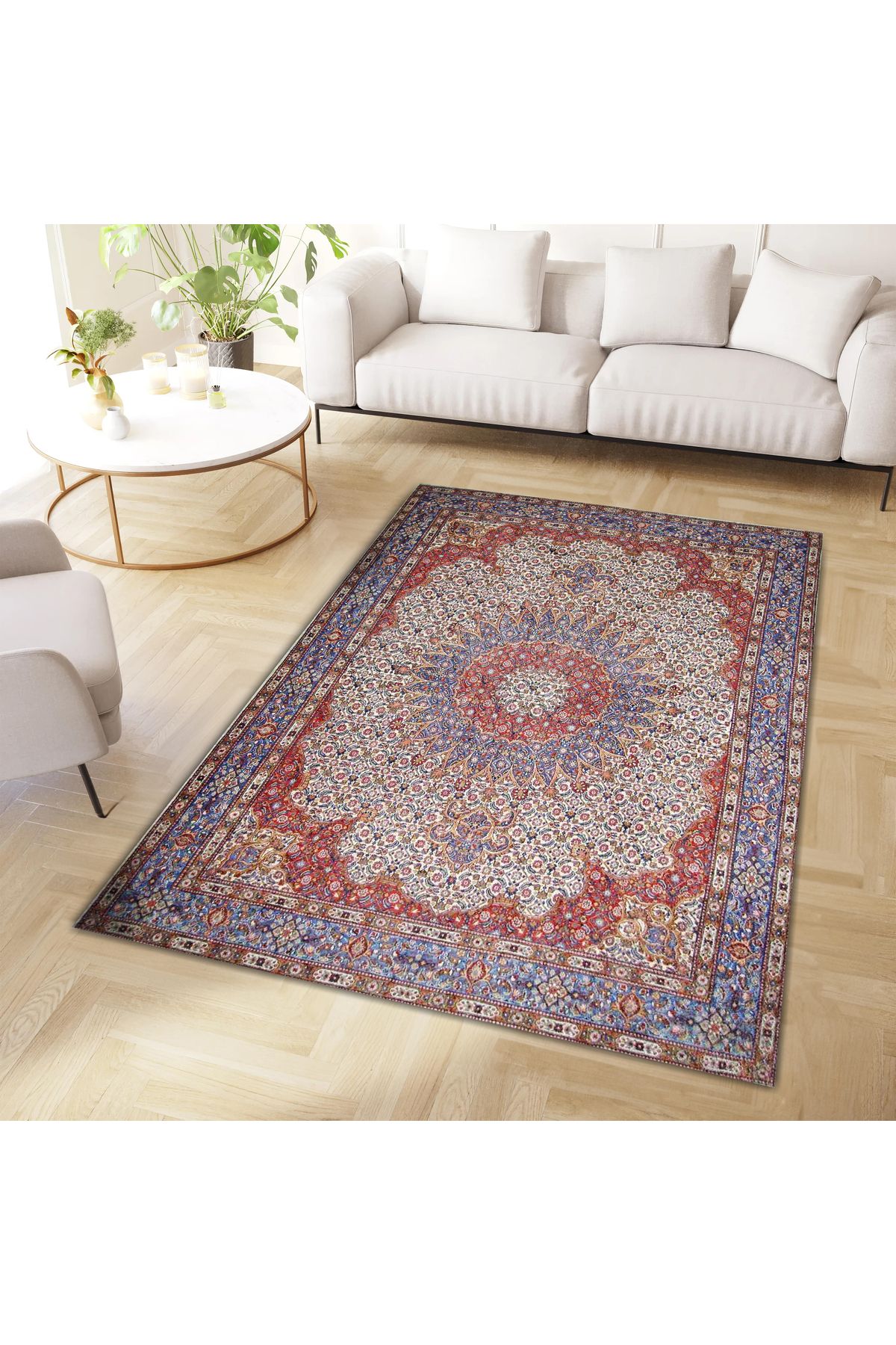 Mete Koleksiyonu Çok Renkli Geleneksel Motifler Desenli Vintage Dekoratif Halı 32