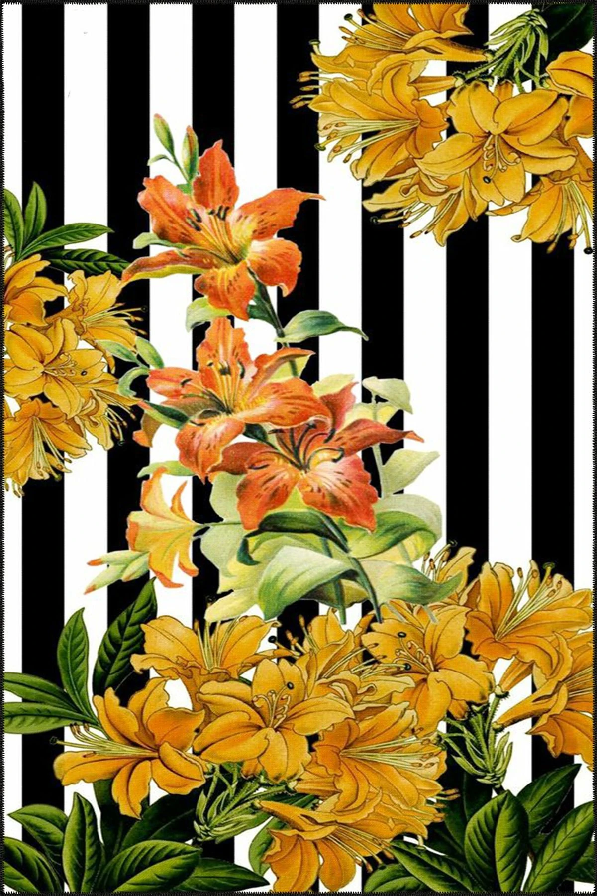 Siyah Beyaz Çizgili Çiçekli Geometrik Desenli Modern Dekoratif Halı miravip235