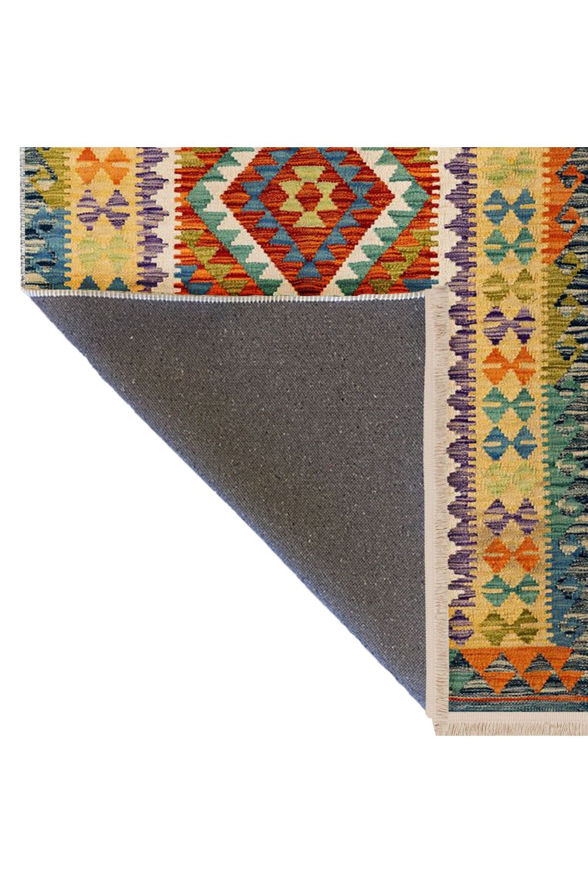 Alya Koleksiyonu Turuncu Yeşil Tonlarda Etnik Desenli Dokuma Taban Modern Dekoratif Halı alya12