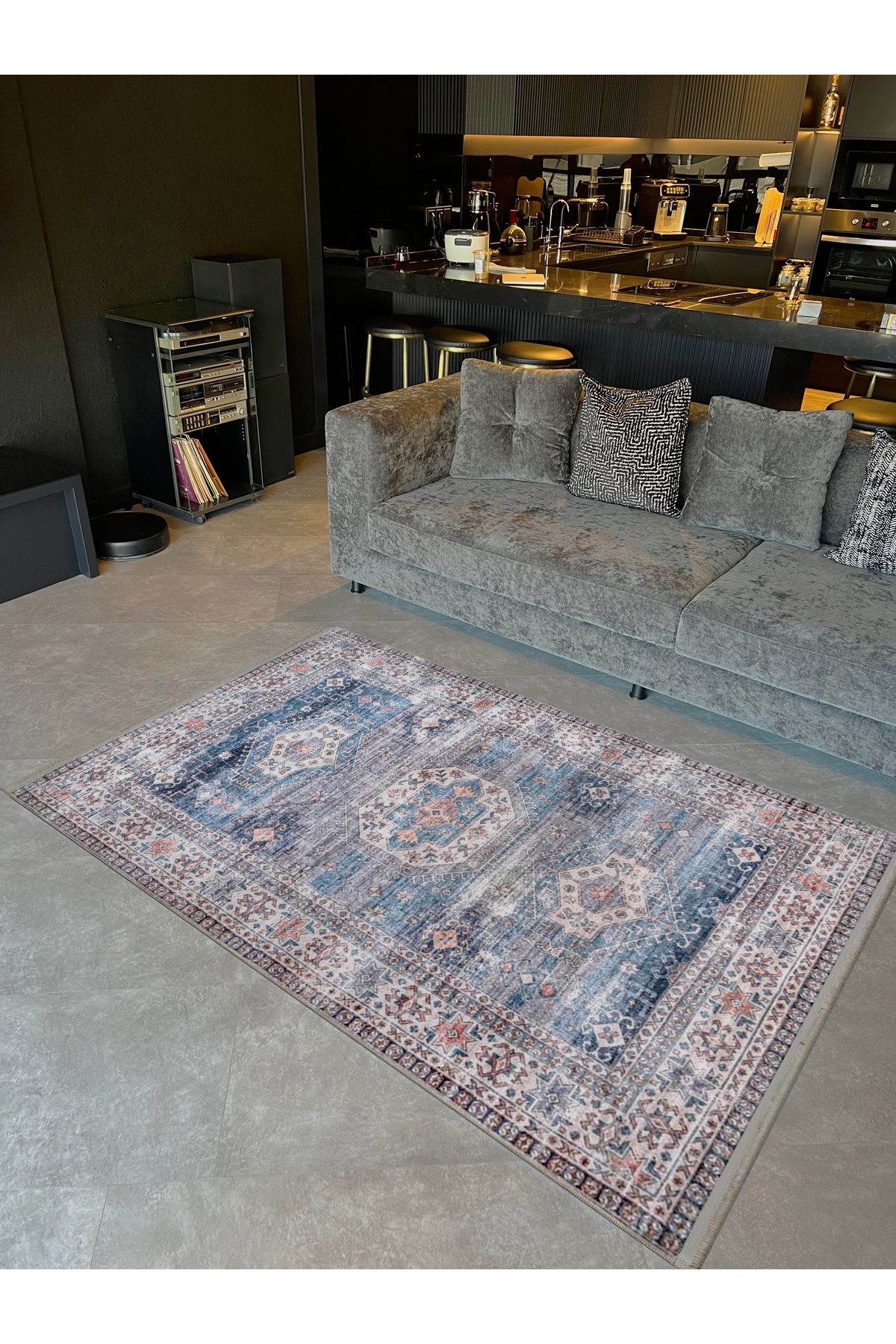 Asena Koleksiyonu Mavi Temalı Geleneksel Motif Bohem Tarzı Desenli Vintage Dekoratif Halı 28