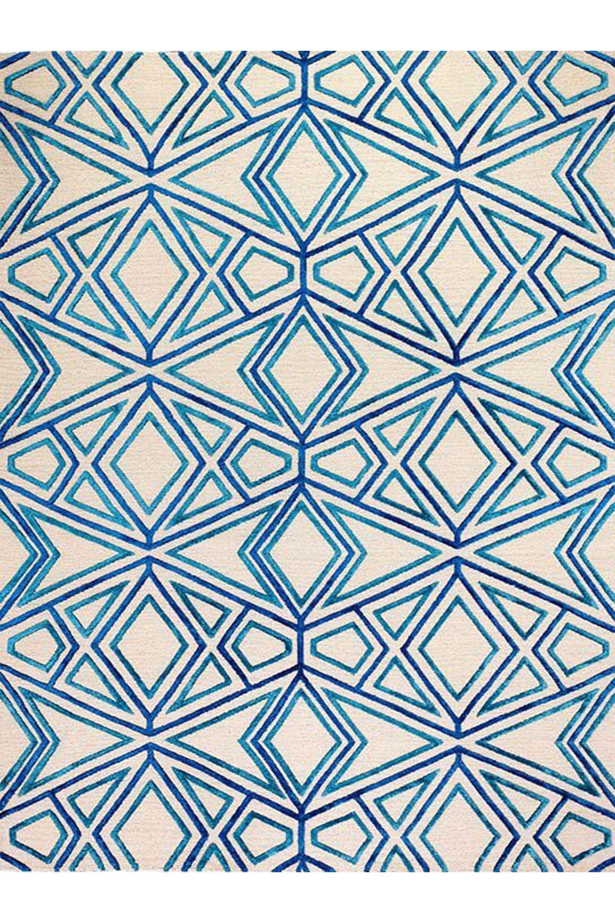 Paris Koleksiyonu Mavi ve Krem Temalı karma Geometrik Şekiller Desenli Modern Dekoratif Halı 154