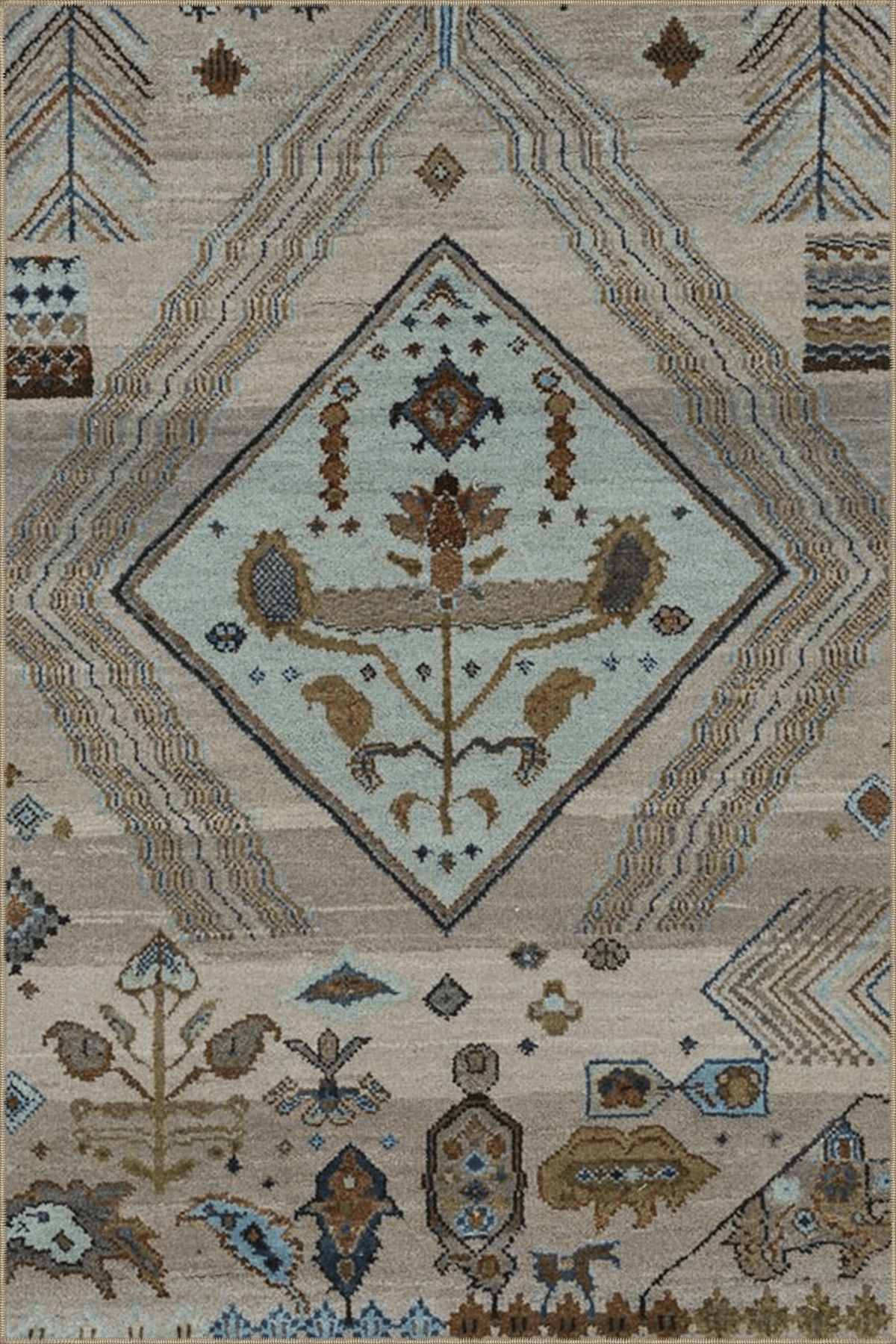 Gri Açık Mavi Temalı Geleneksel Motif Desenli Saçaklı Vintage Dekoratif Halı 4514