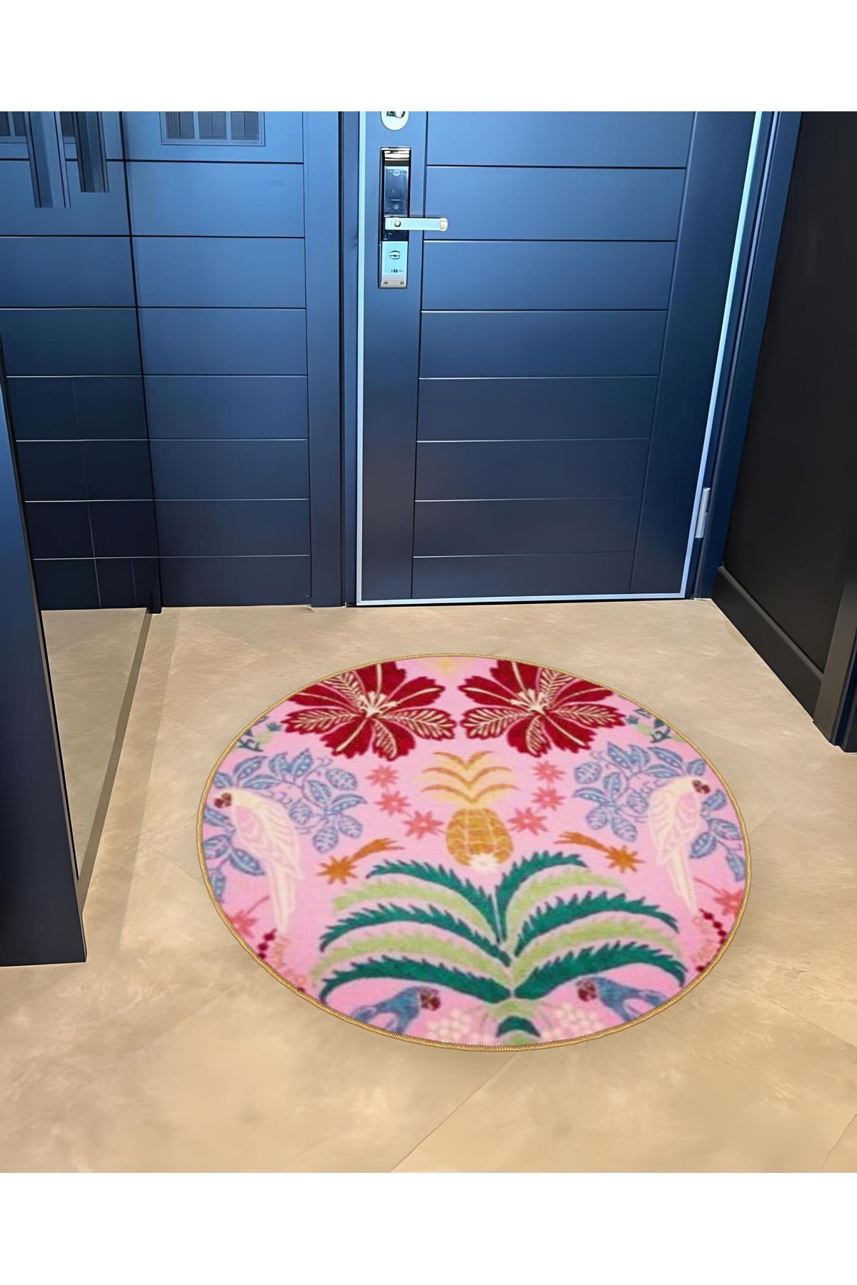 Pembe Temalı Karma Çiçek Desenli Yuvarlak Dokuma Taban Vintage Dekoratif Halı 6110
