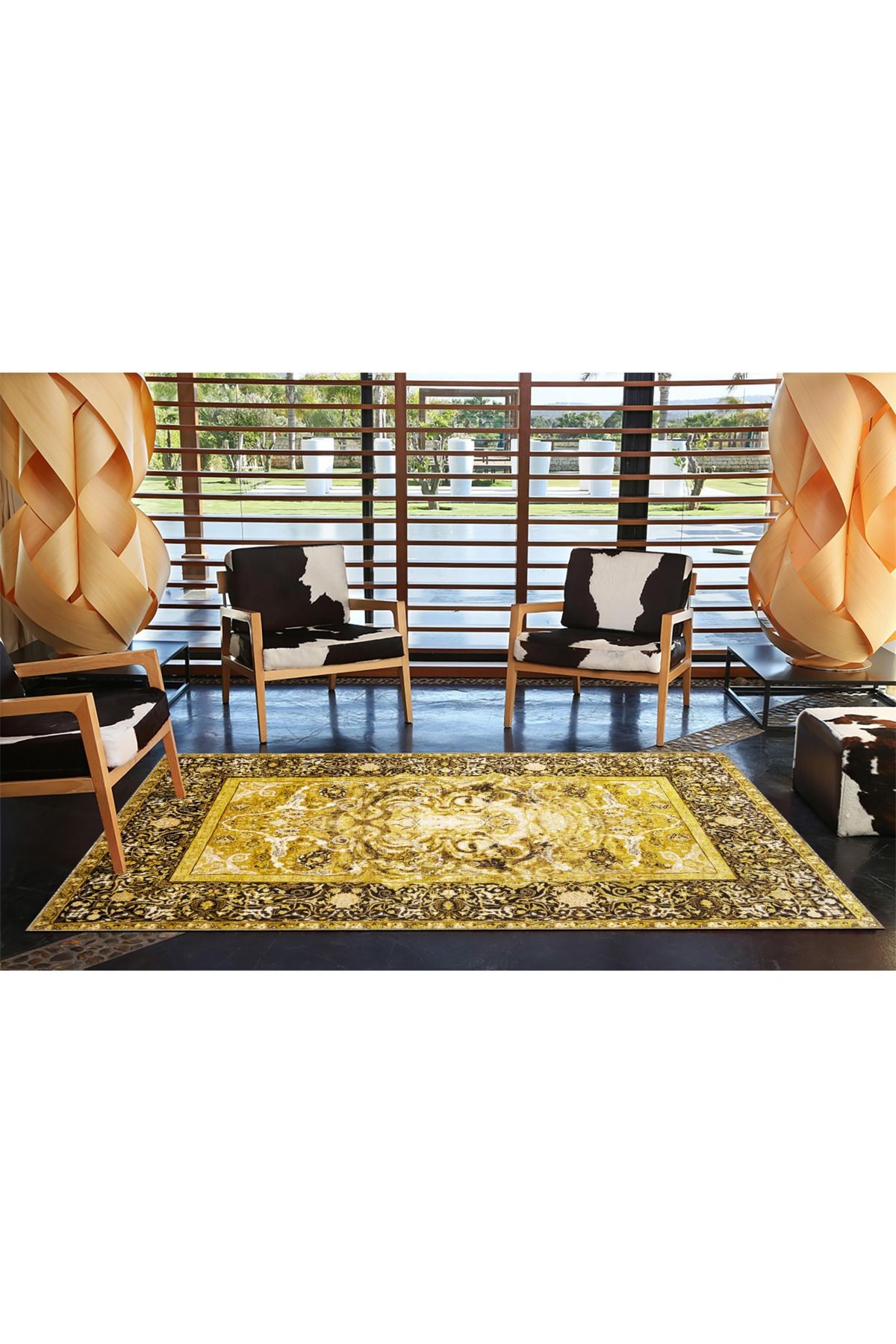 Sarı Temalı Geleneksel Motif Etnik Desenli Vintage Dekoratif Halı 3431