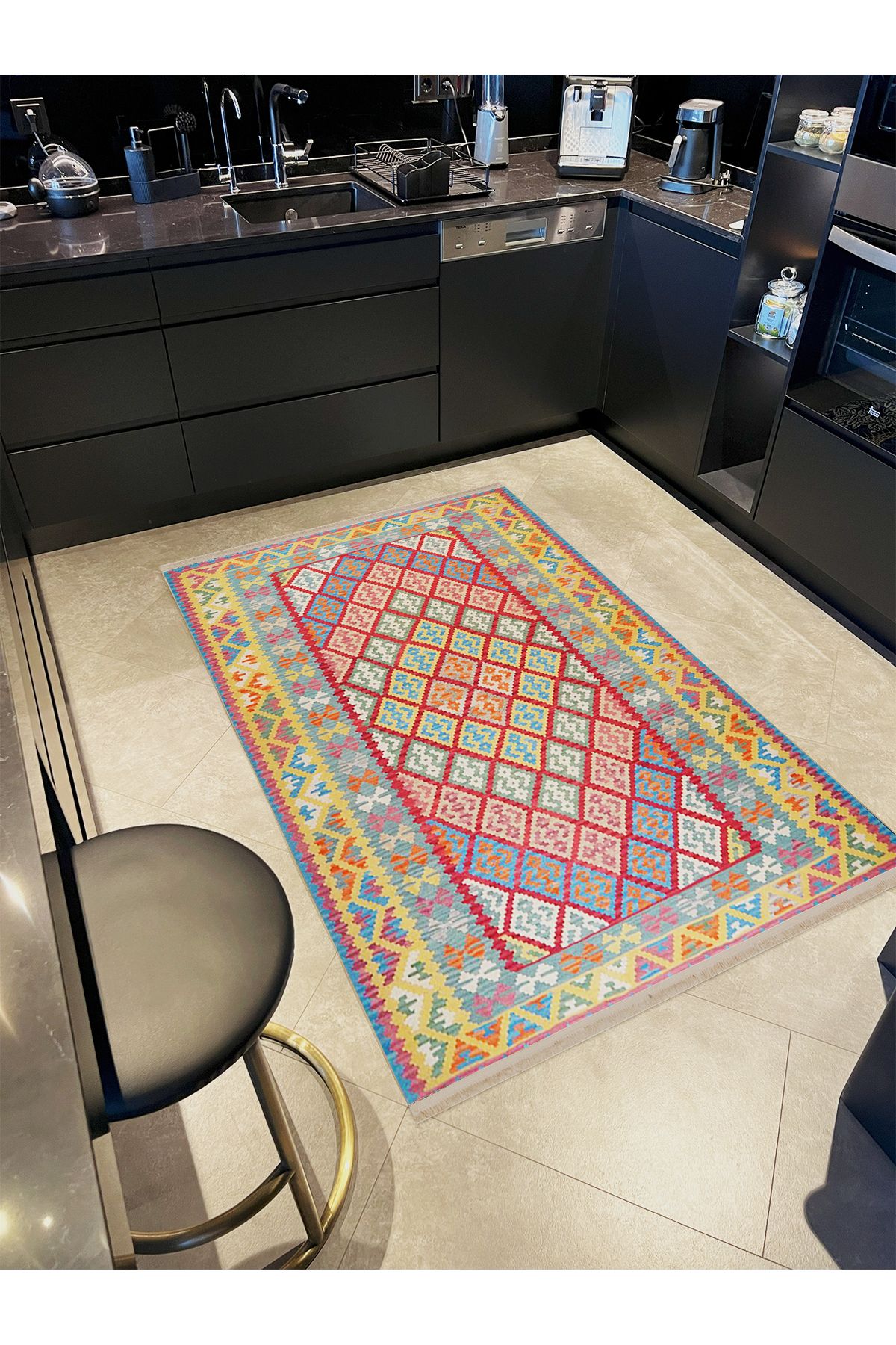 Kuzey Koleksiyonu Sarı Çerçeve Detaylı Çok Renkli Etnik Desenli Dokuma Taban Dekoratif Halı kuzey45