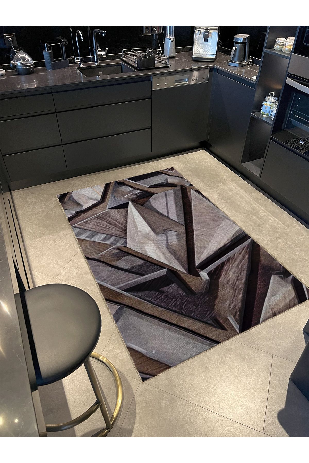 Gri Temalı Soyut Geometrik Desenli Kreatif Modern Dekoratif Halı 5288