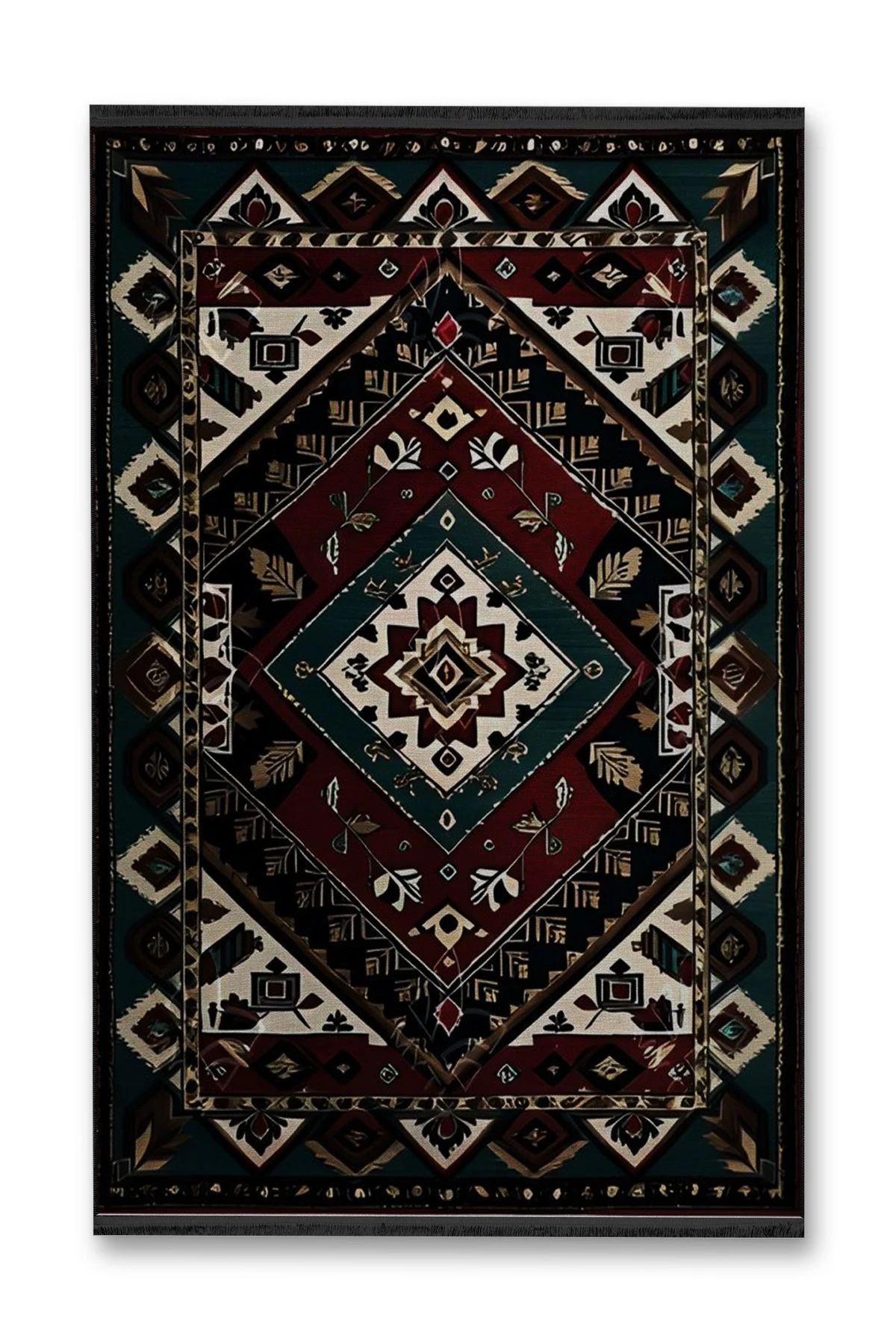 Bordo ve Siyah Renkli Antik Tasarım Serisi Bej Detaylı Desenli Vintage Dekoratif Halı antik24